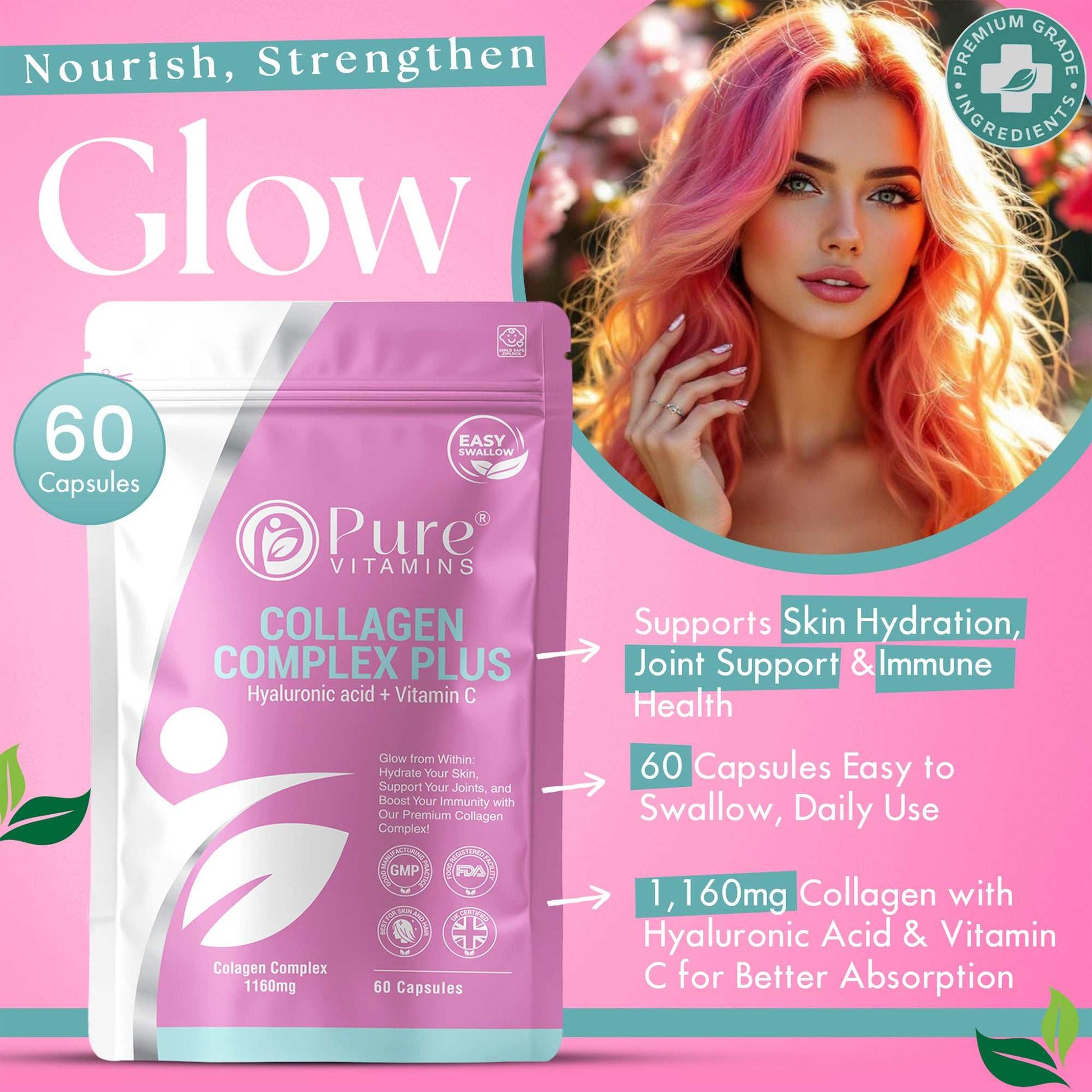 Collagen Complex Plus pouch beside a glowing-skinned woman, highlighting benefits of hydrolysed bovine collagen with hyaluronic acid and vitamin C for hydration and radiance.