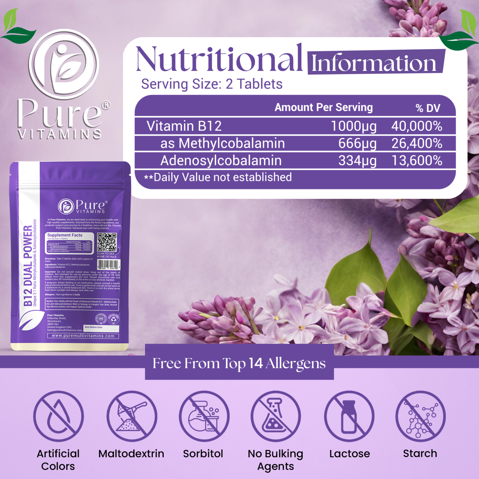 Methylcobalamin and Adenosylcobalamin vitamin B12 supplement for energy and nerve support, vegan-friendly, allergen-free, GMP-certified.