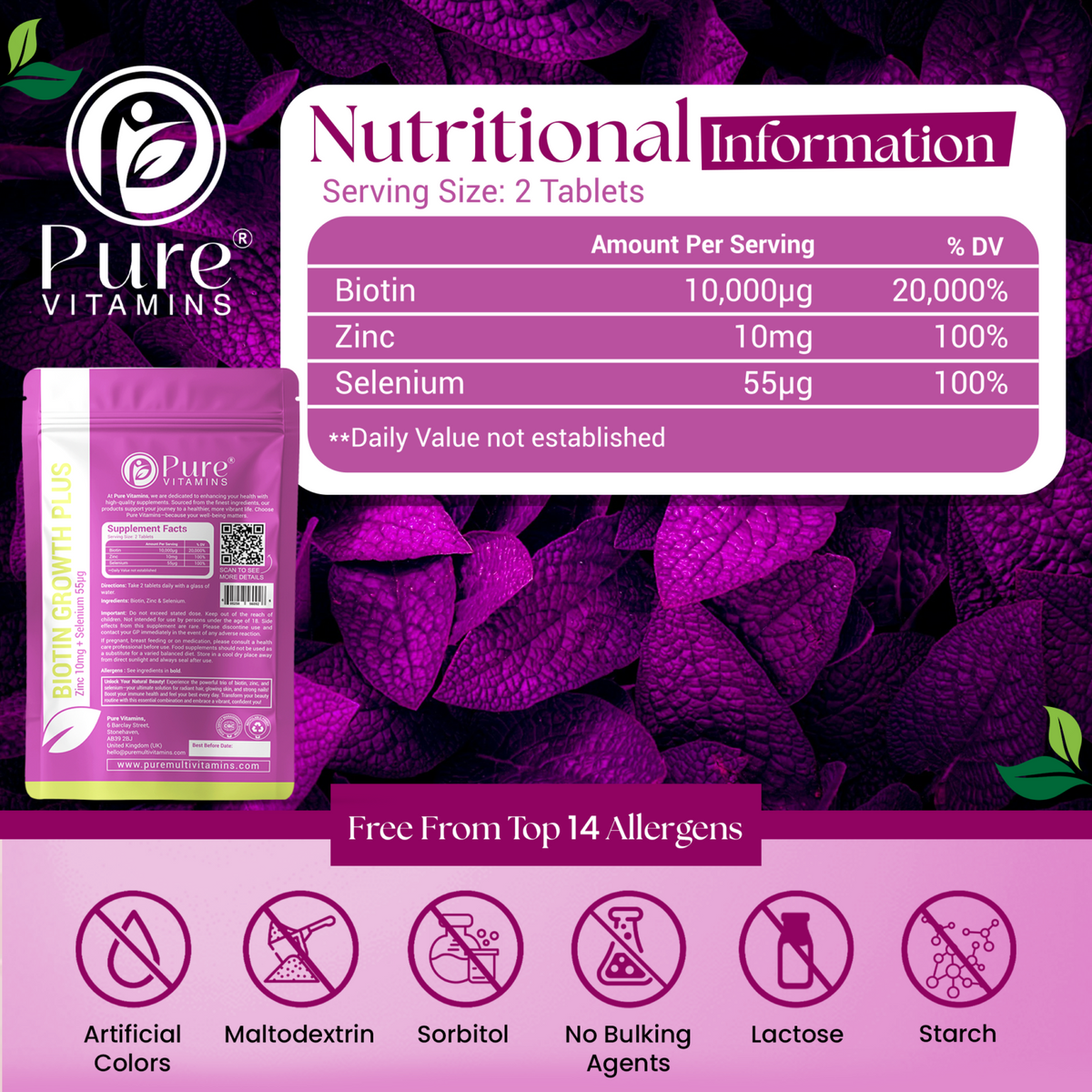 Bottle of Biotin Zinc Selenium tablets for hair, skin, and nail health by Pure Vitamins UK