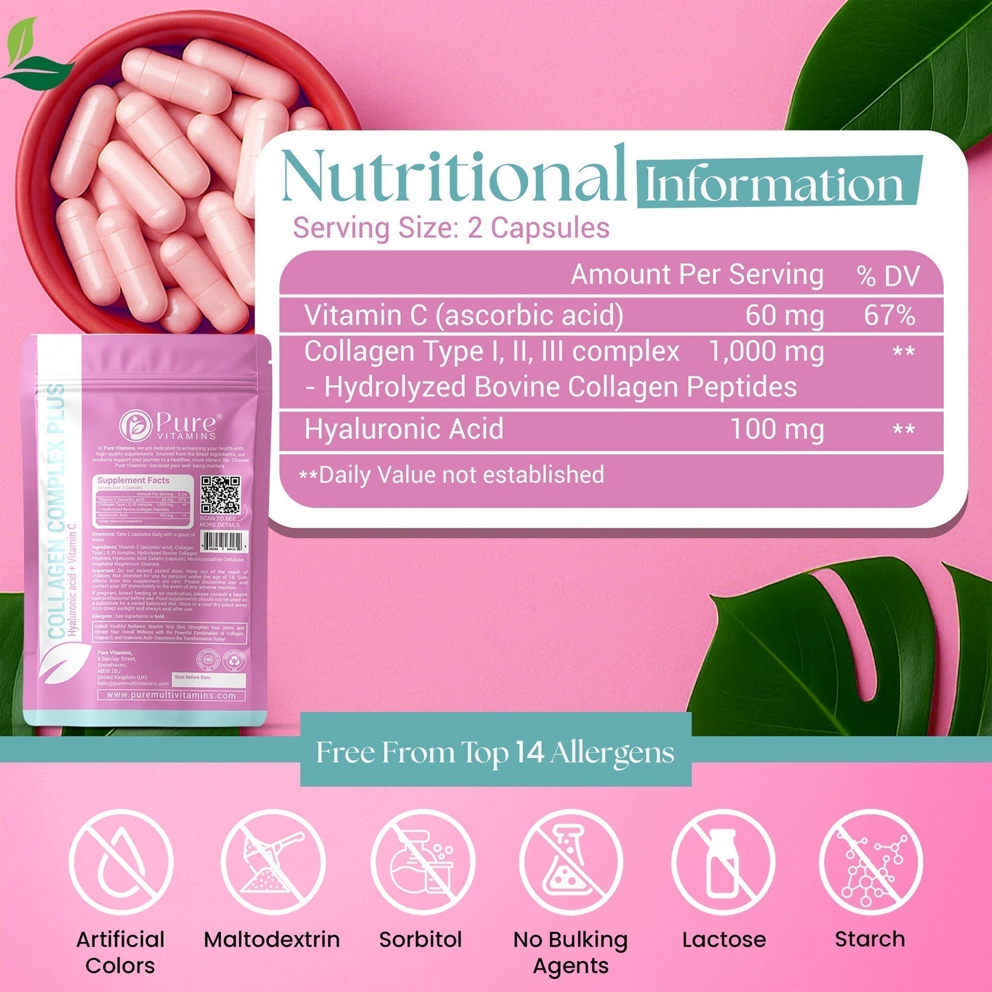 Collagen Complex Plus clean label icons showing no artificial colours, no maltodextrin, no sorbitol, no starch and hydrolysed bovine collagen formulation