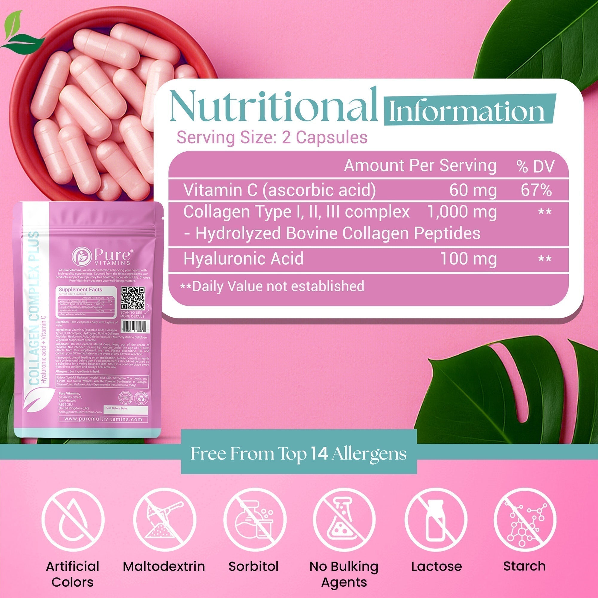 Collagen Complex Plus clean label icons showing no artificial colours, no maltodextrin, no sorbitol, no starch and hydrolysed bovine collagen formulation
