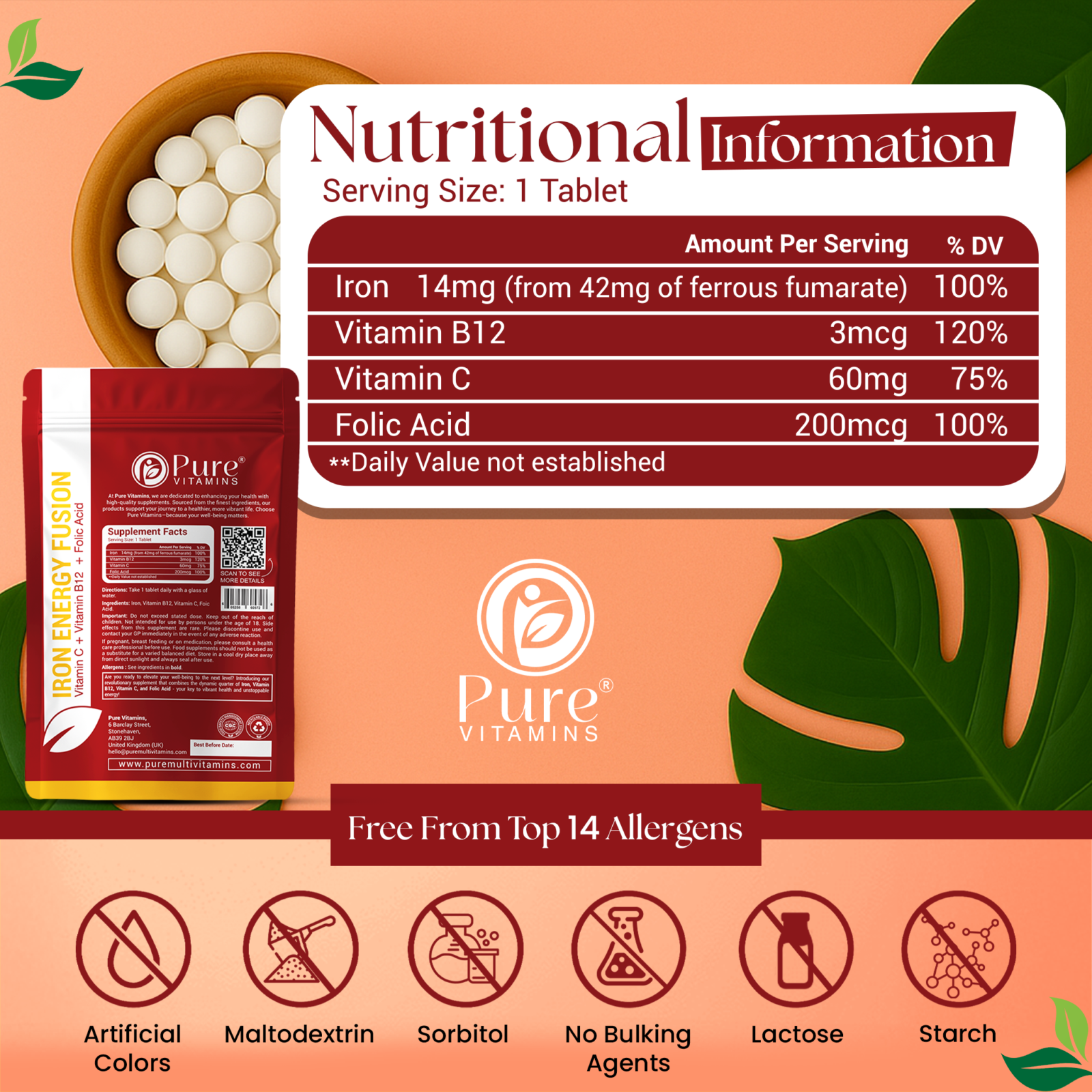 Tablet of Pure Vitamins Iron supplement with Iron from Ferrous Fumarate, Vitamin B12, Vitamin C, and Folic Acid