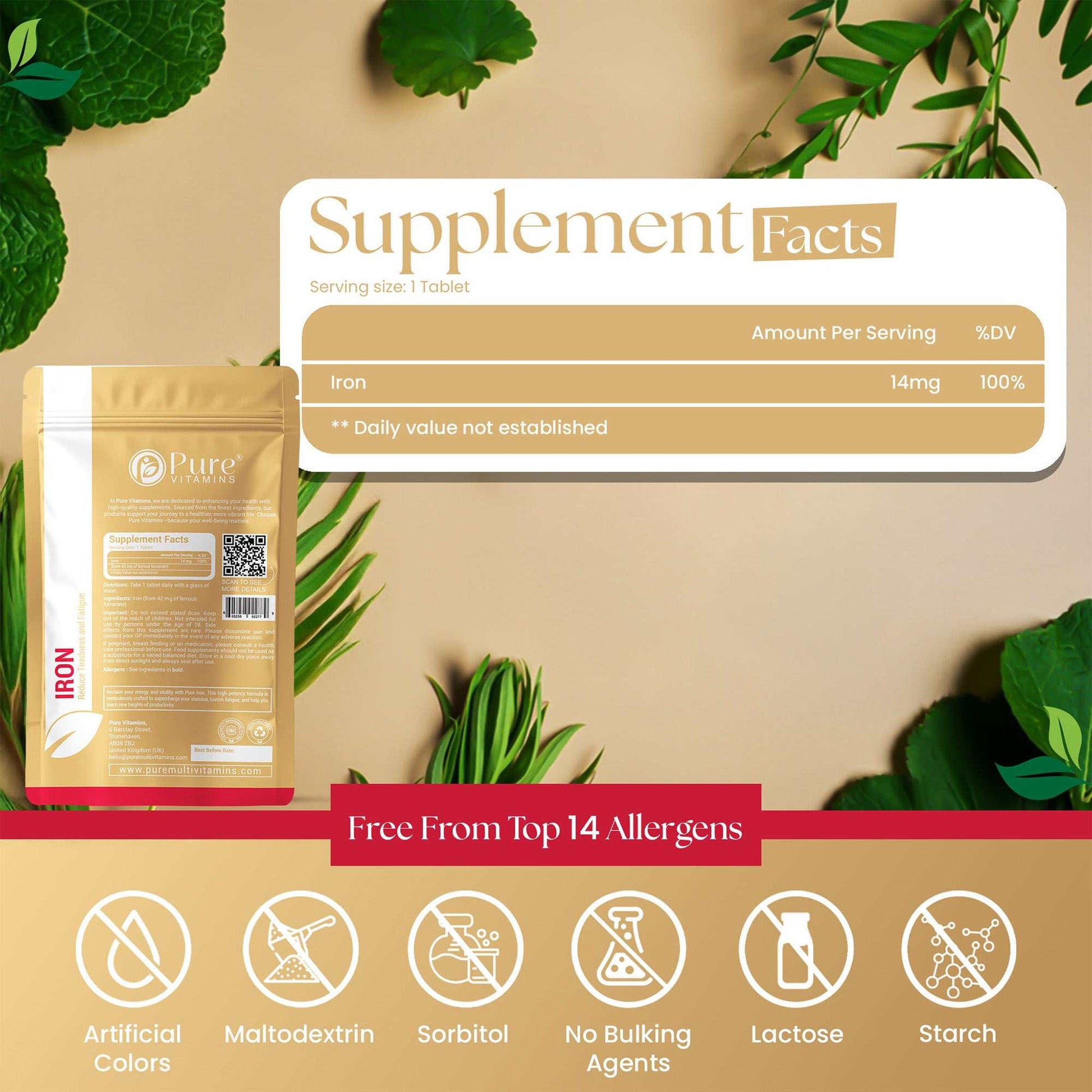 High Absorption Iron Tablets with 14mg Ferrous Fumarate, vegan-friendly, allergen-free, supports energy and oxygen transport