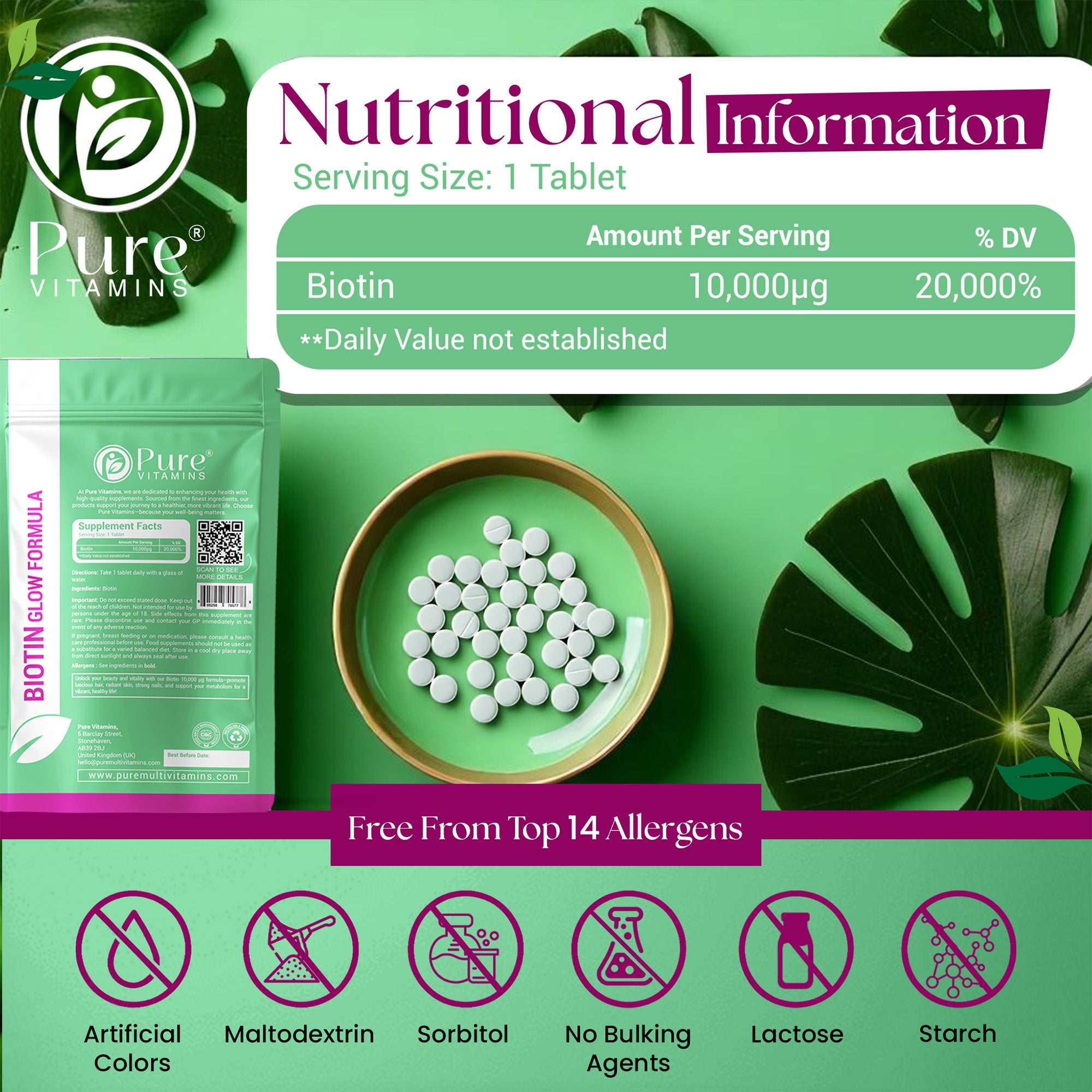 Biotin Glow Formula supplement with 10,000µg biotin, Pure Vitamins packaging, allergen-free tablets on green background