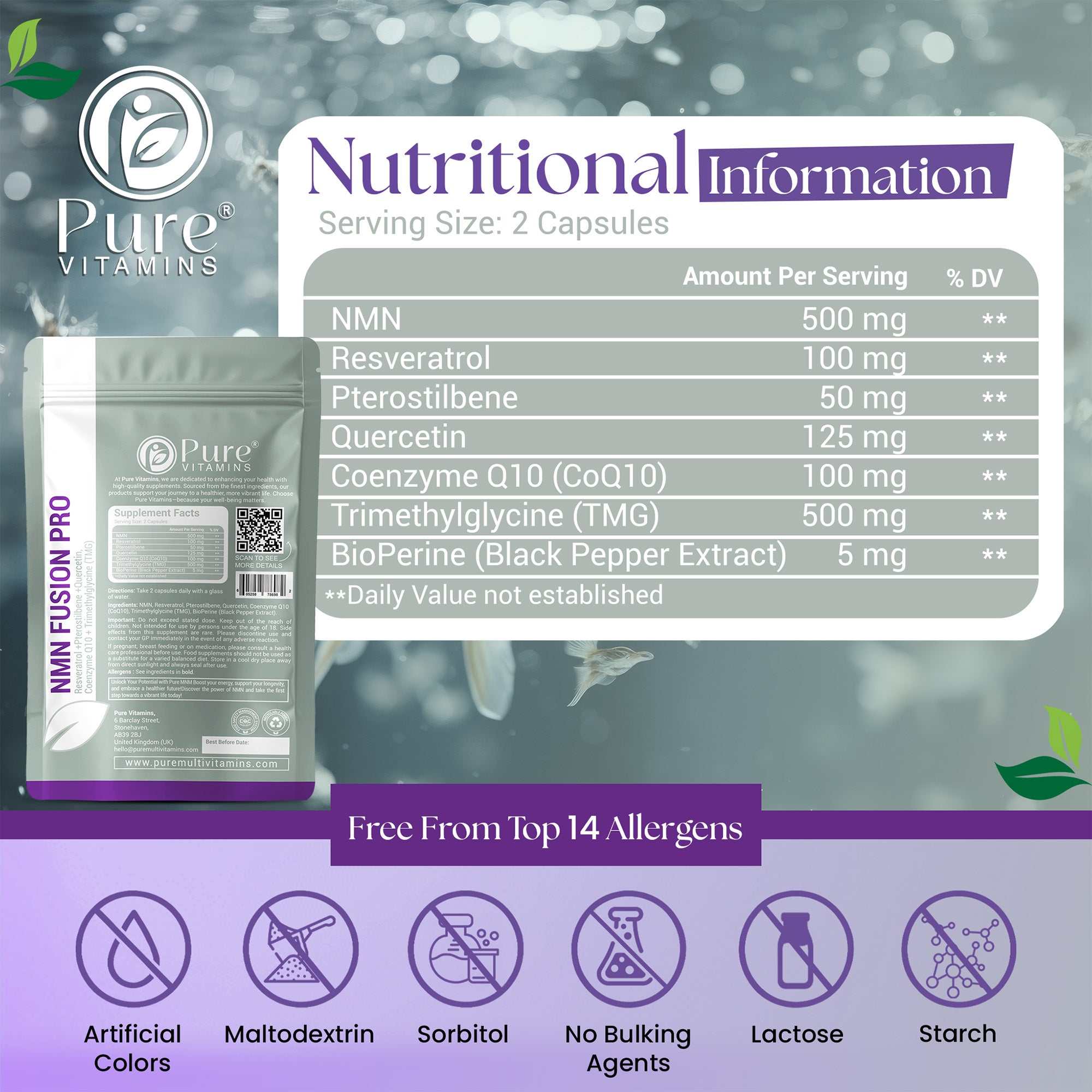 NMN Fusion Pro nutritional information panel — NMN 500mg, Resveratrol 100mg, Pterostilbene 50mg, Quercetin 125mg, CoQ10 100mg, TMG 500mg, BioPerine 5mg; free from top 14 allergens
