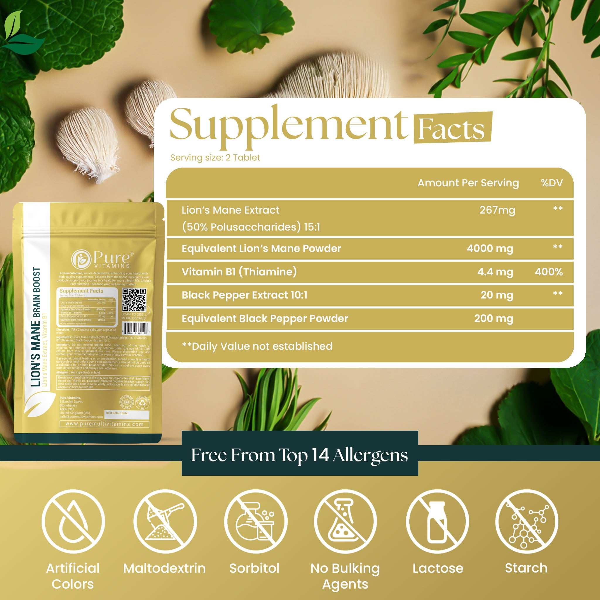 Pure Vitamins Lion’s Mane Tablets cognitive support with 4000 mg extract, Vitamin B1, and Black Pepper, GMP certified for focus and mental clarity