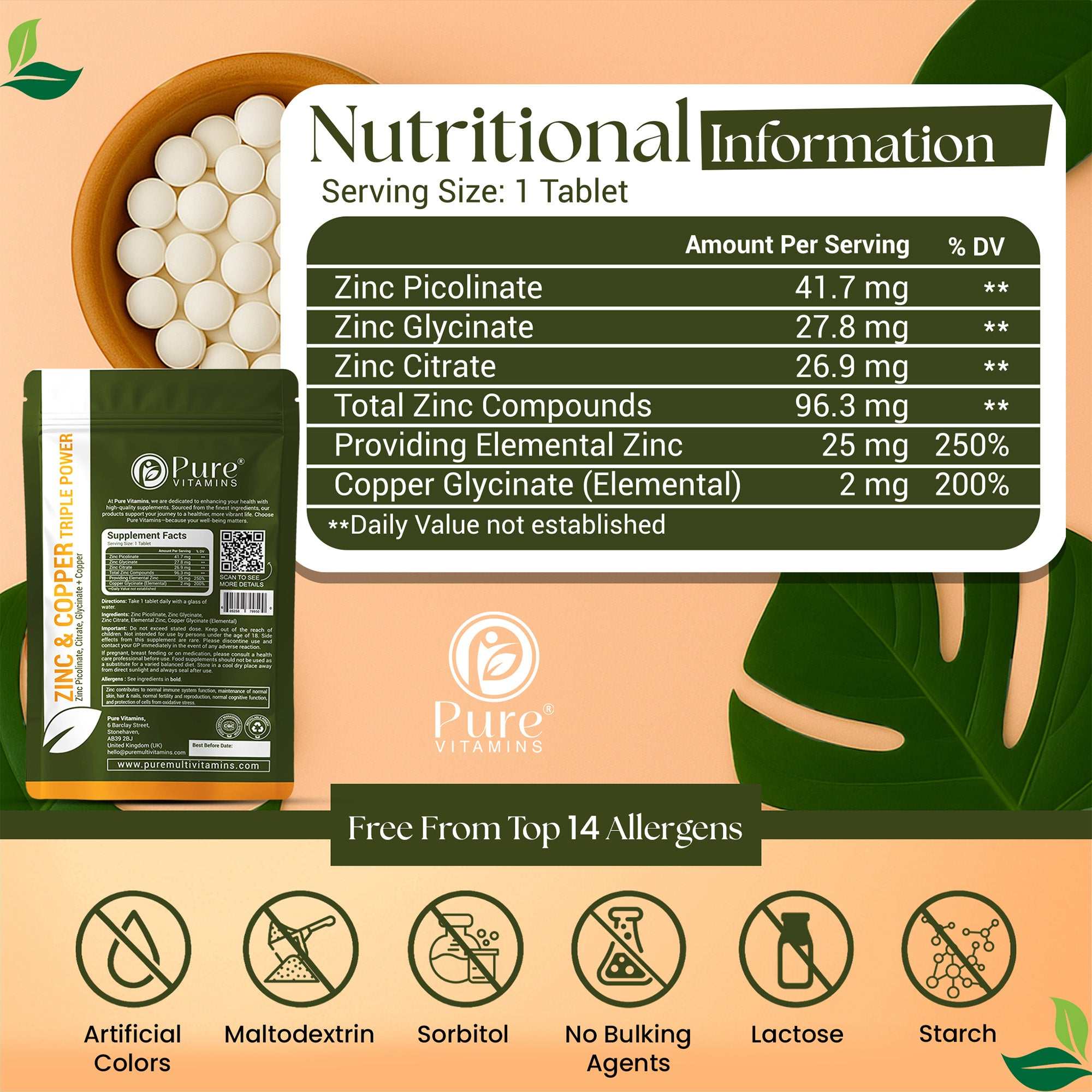 Zinc and Copper Supplement nutritional table highlighting 25mg elemental free from top 14 allergens, no artificial colours, no maltodextrin, no sorbitol, lactose free, starch free, clean label formula zinc and copper per tablet, triple zinc compounds for high bioavailability