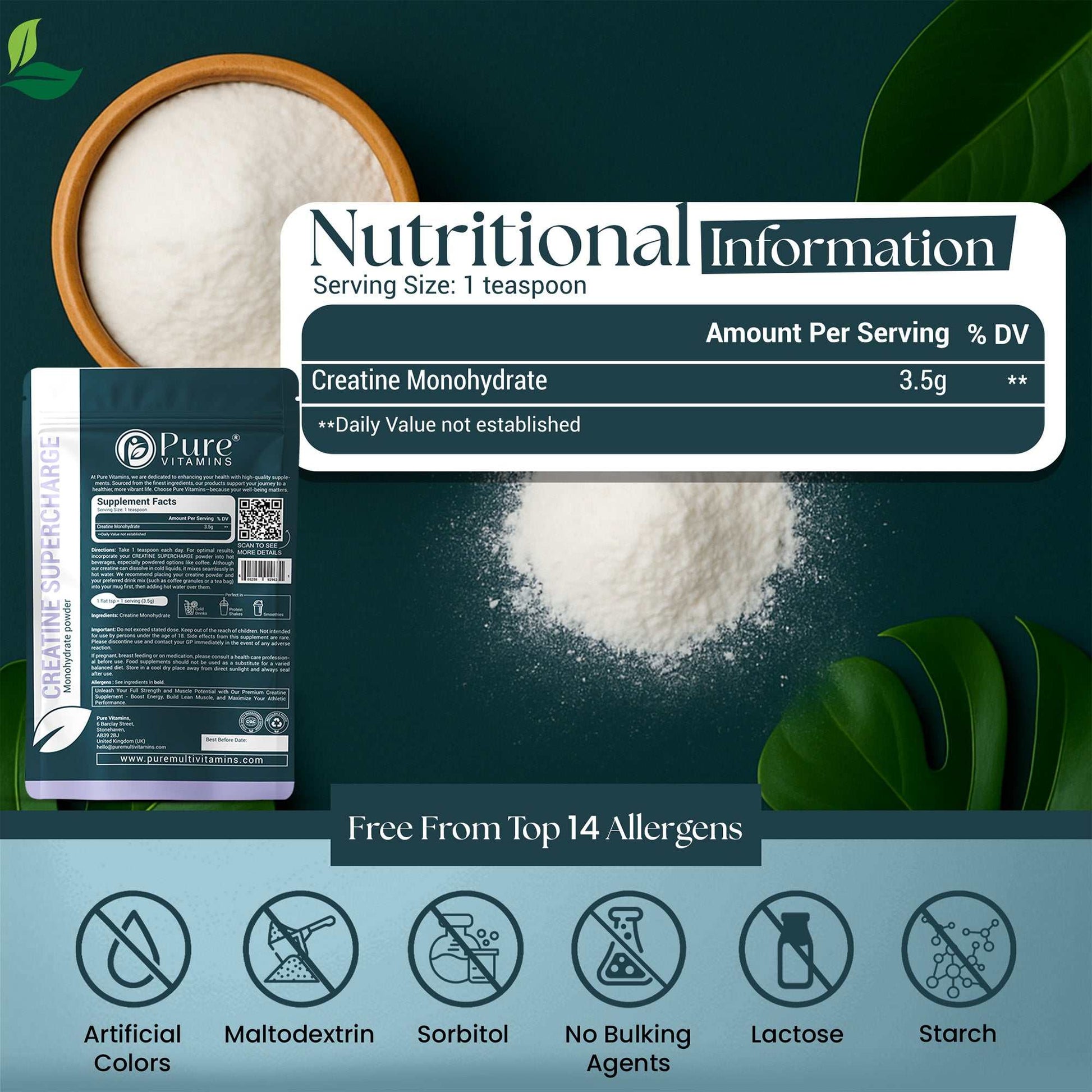 Micronised Creatine Monohydrate powder for muscle strength, power, and recovery, GMP & SGS certified, allergen-free supplement.