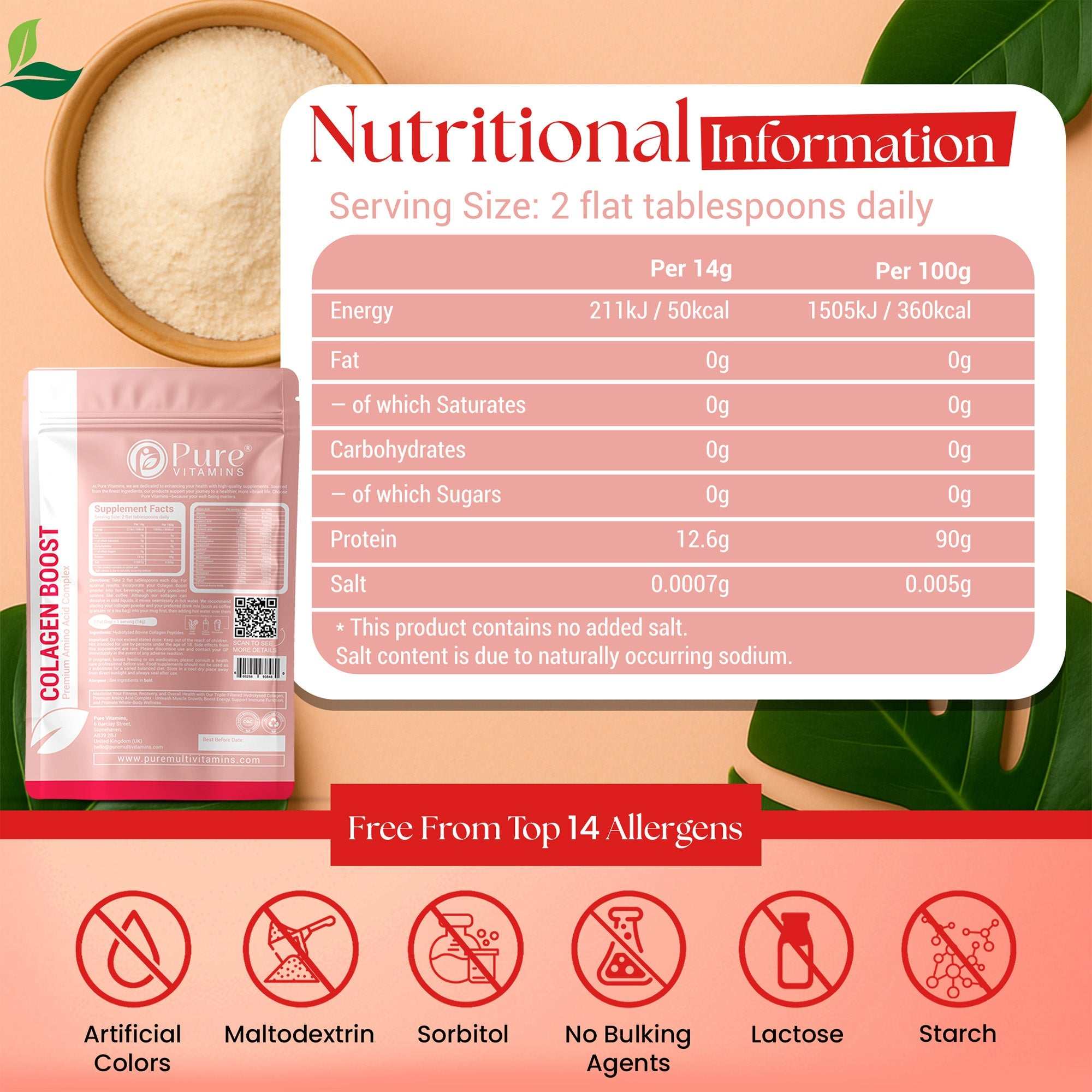 Container of Hydrolysed collagen peptides bovine collagen powder by Pure Vitamins UK