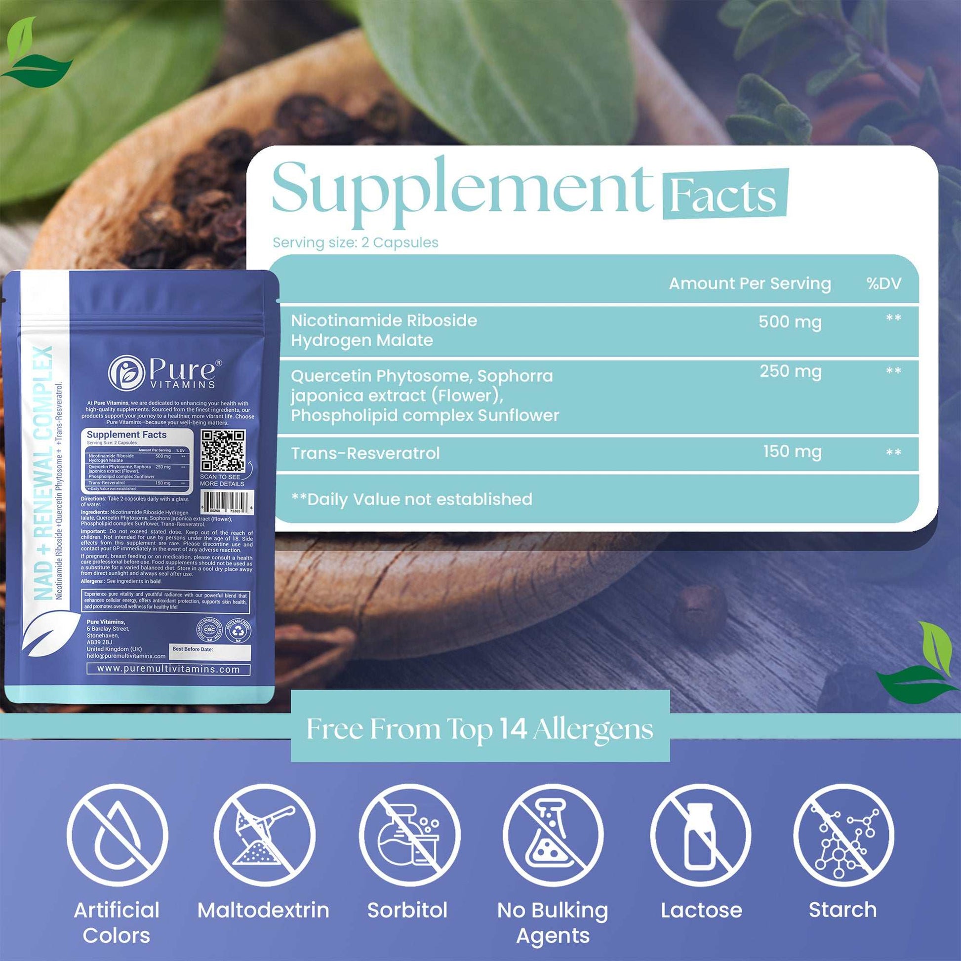 Pure Vitamins NAD+ Supplement packaging with supplement facts label showing nicotinamide riboside, quercetin phytosome, and trans-resveratrol ingredients, allergen-free icons on natural wood background