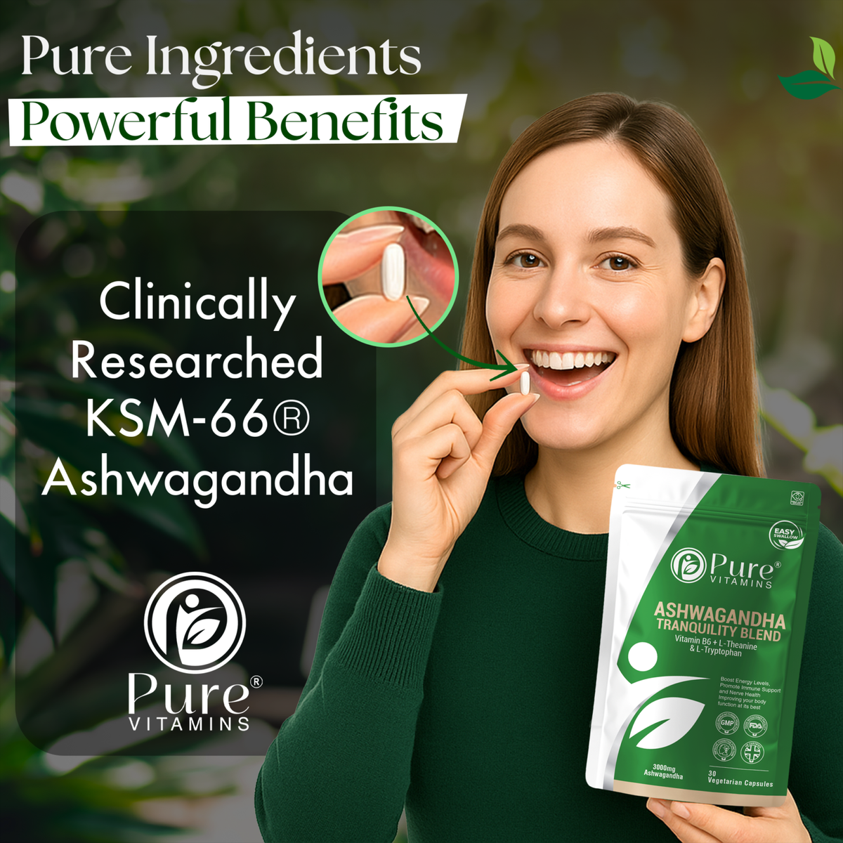 Pure Vitamins Ashwagandha KSM-66 capsules with L-Theanine and Vitamin B6, GMP-certified manufacturing.