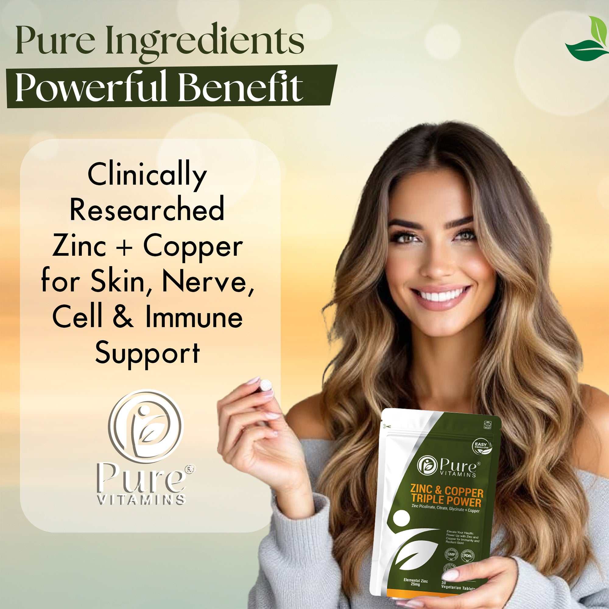 Zinc and Copper Supplement by Pure Vitamins shown in hand, premium zinc and copper tablets designed for daily immune, skin and cellular support