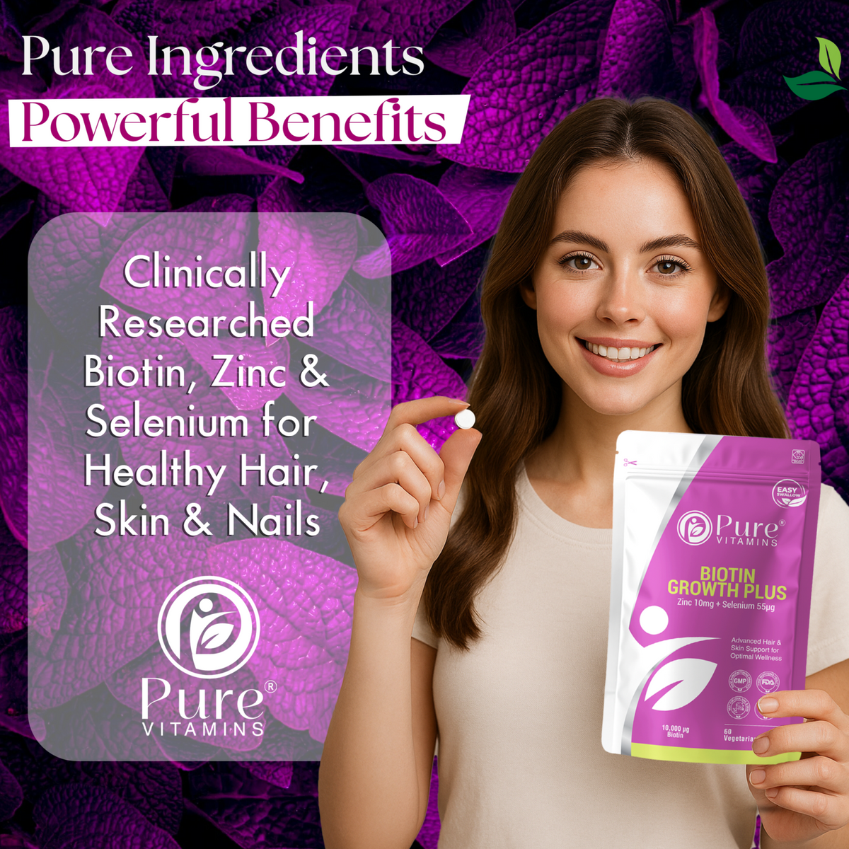 Biotin Zinc Selenium tablets bottle supporting hair, skin, and nails health by Pure Vitamins UK