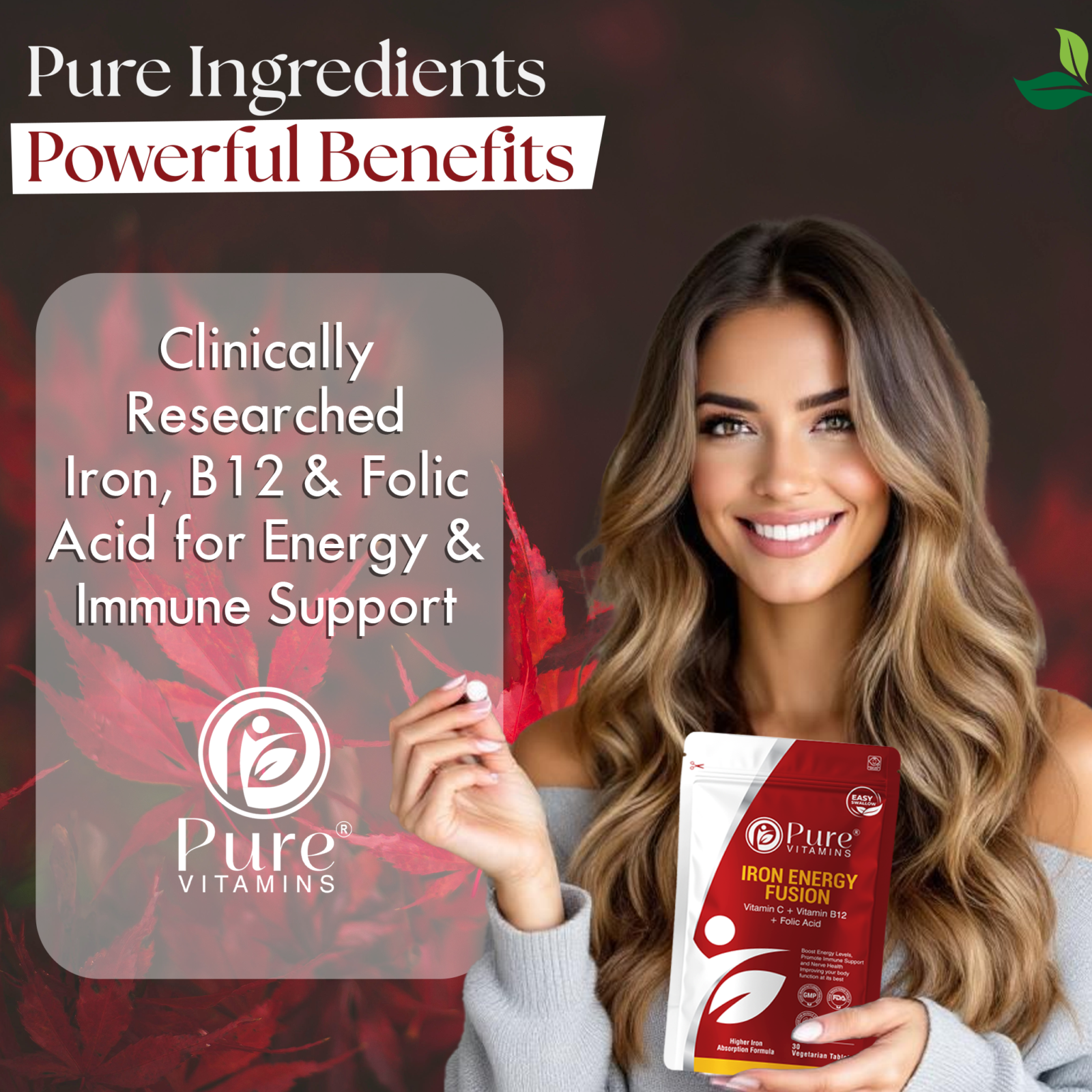 Pure Vitamins Iron supplement with Iron from Ferrous Fumarate, B12, Vitamin C, and Folic Acid