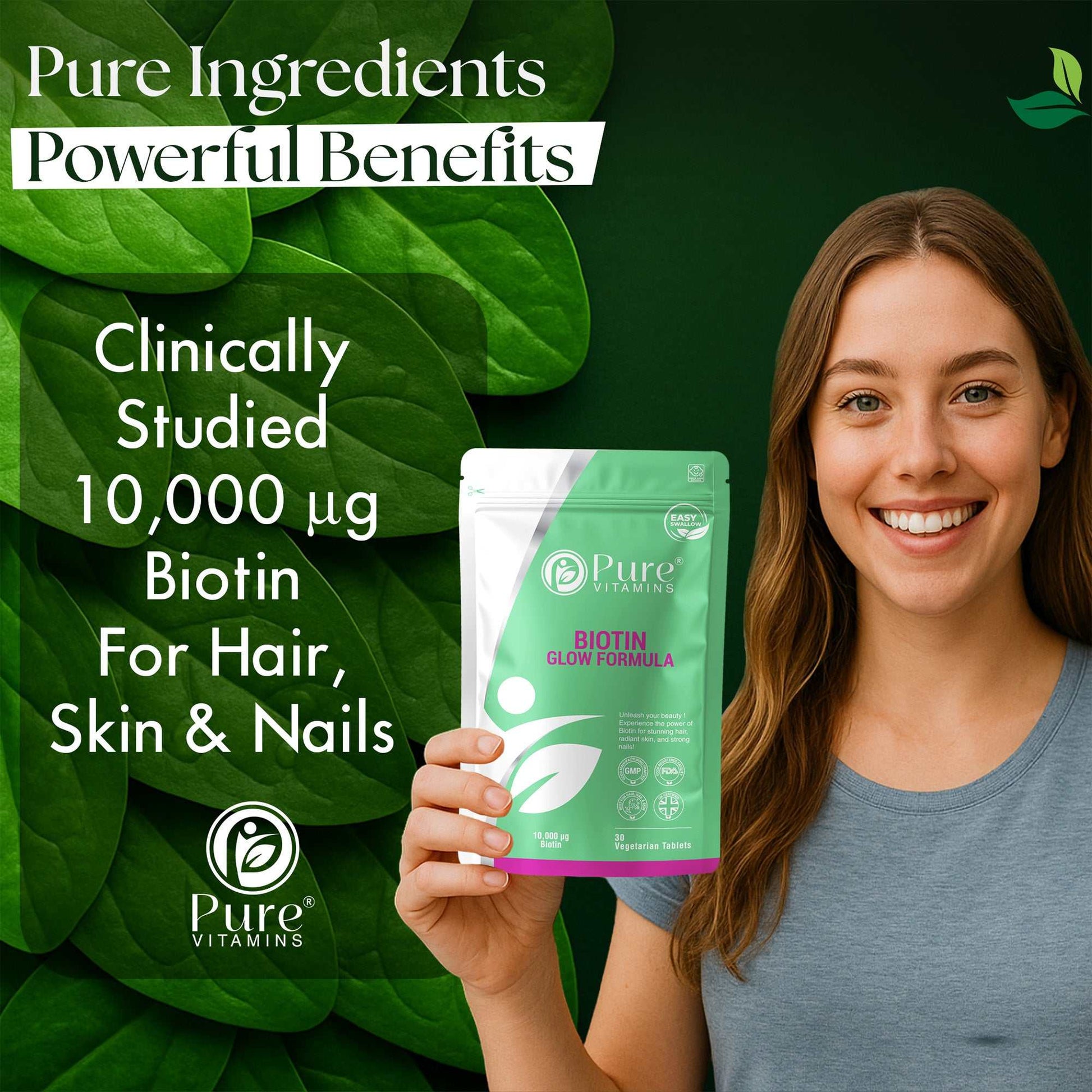 Pure Vitamins Biotin Glow Formula supplement with 10,000 mcg biotin for hair, skin, and nails support