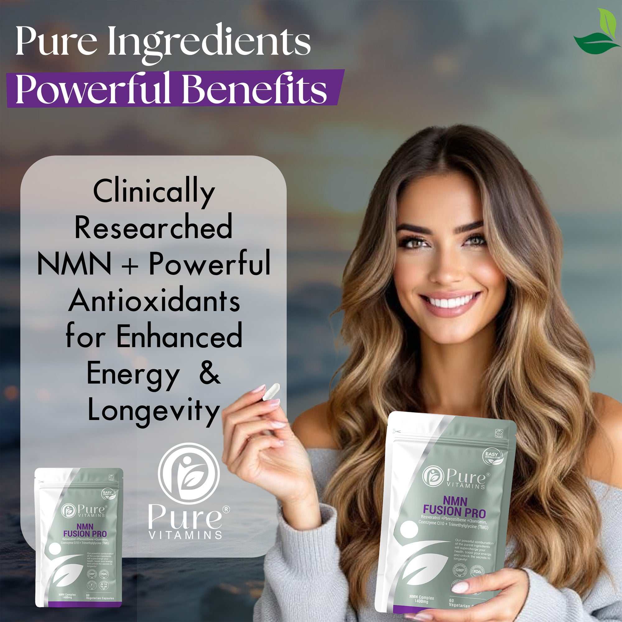 NMN Fusion Pro pure botanical ingredients — NMN complex with antioxidant polyphenols, 100% natural formula, GMP-certified manufacturing, Pure Vitamins UK