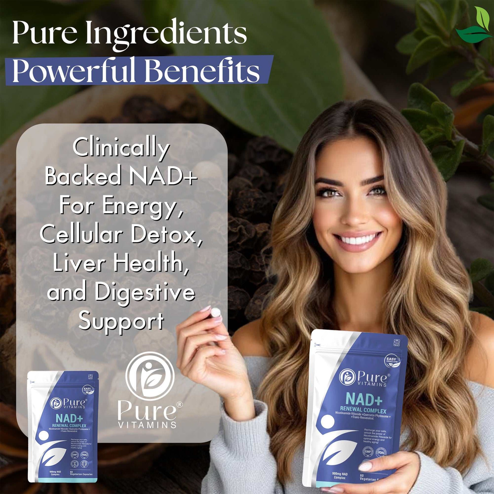 High-strength nicotinamide riboside supplement providing 900mg total NAD+ complex per serving in vegan easy-to-swallow capsules