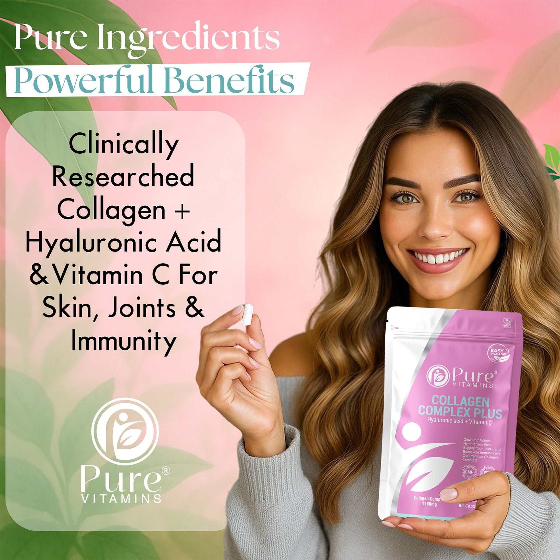 Pure Vitamins Collagen Complex Plus pouch with pink capsules and benefit icons for hydrolysed bovine collagen supporting skin hydration, joint comfort and immunity.