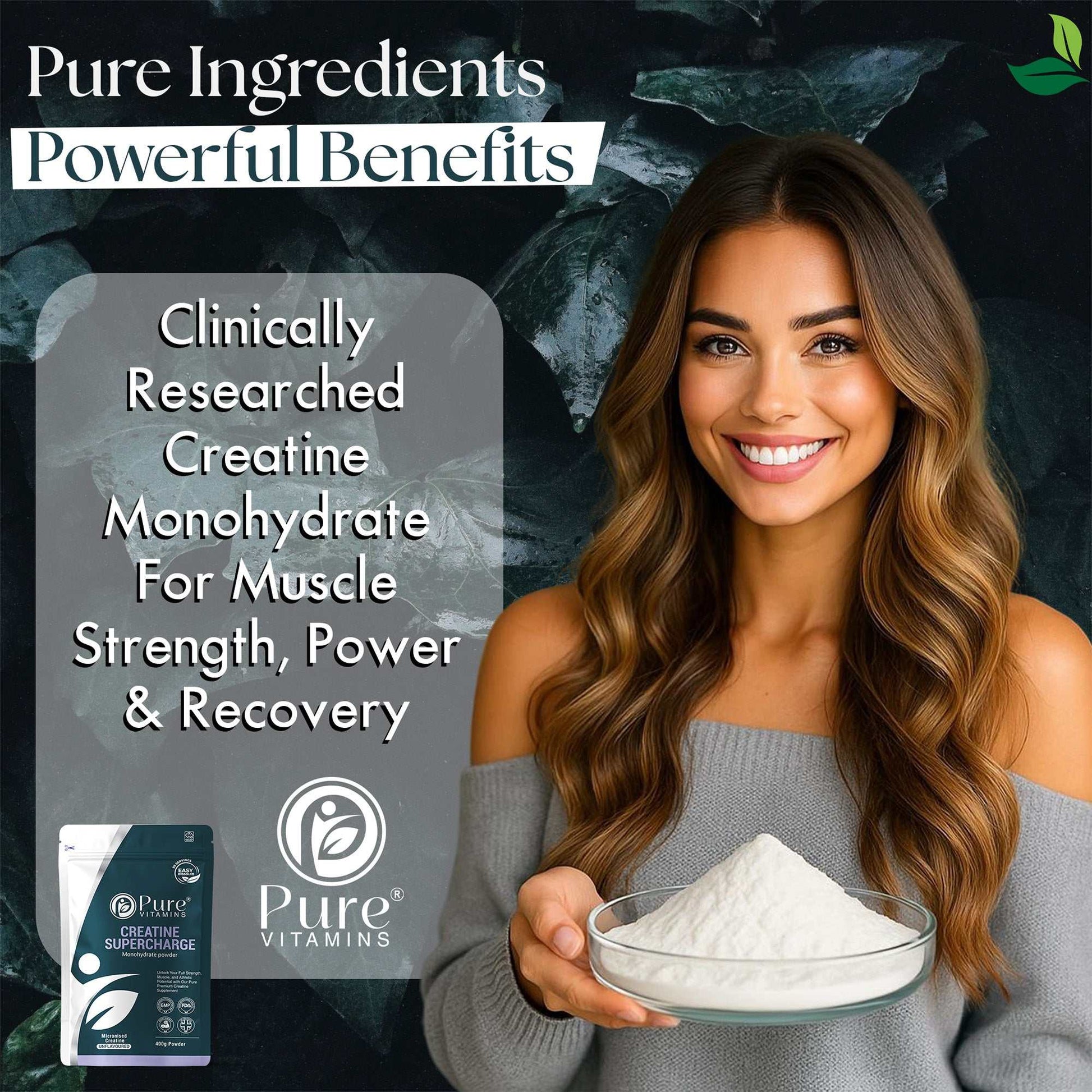 Micronised Creatine Monohydrate powder for muscle strength, power, and recovery by Pure Vitamins