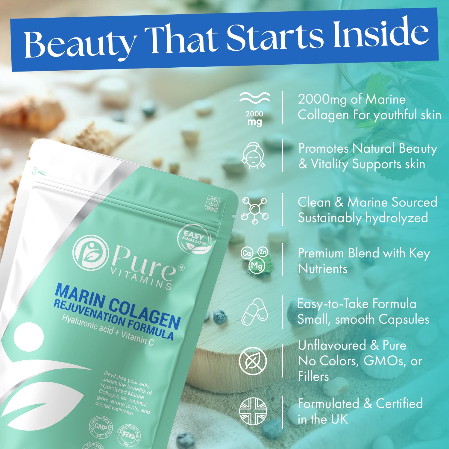 Hydrolysed Marine Collagen Capsules | Pure Vitamins - Support Skin, Hair & Joint Health