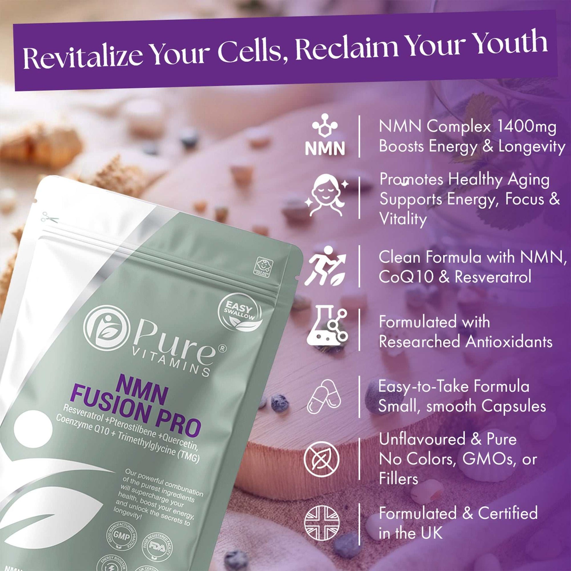 NMN Fusion Pro features — NMN Complex 1400mg, NMN with CoQ10 and Resveratrol, antioxidant complex, vegan formula, unflavoured, UK formulated