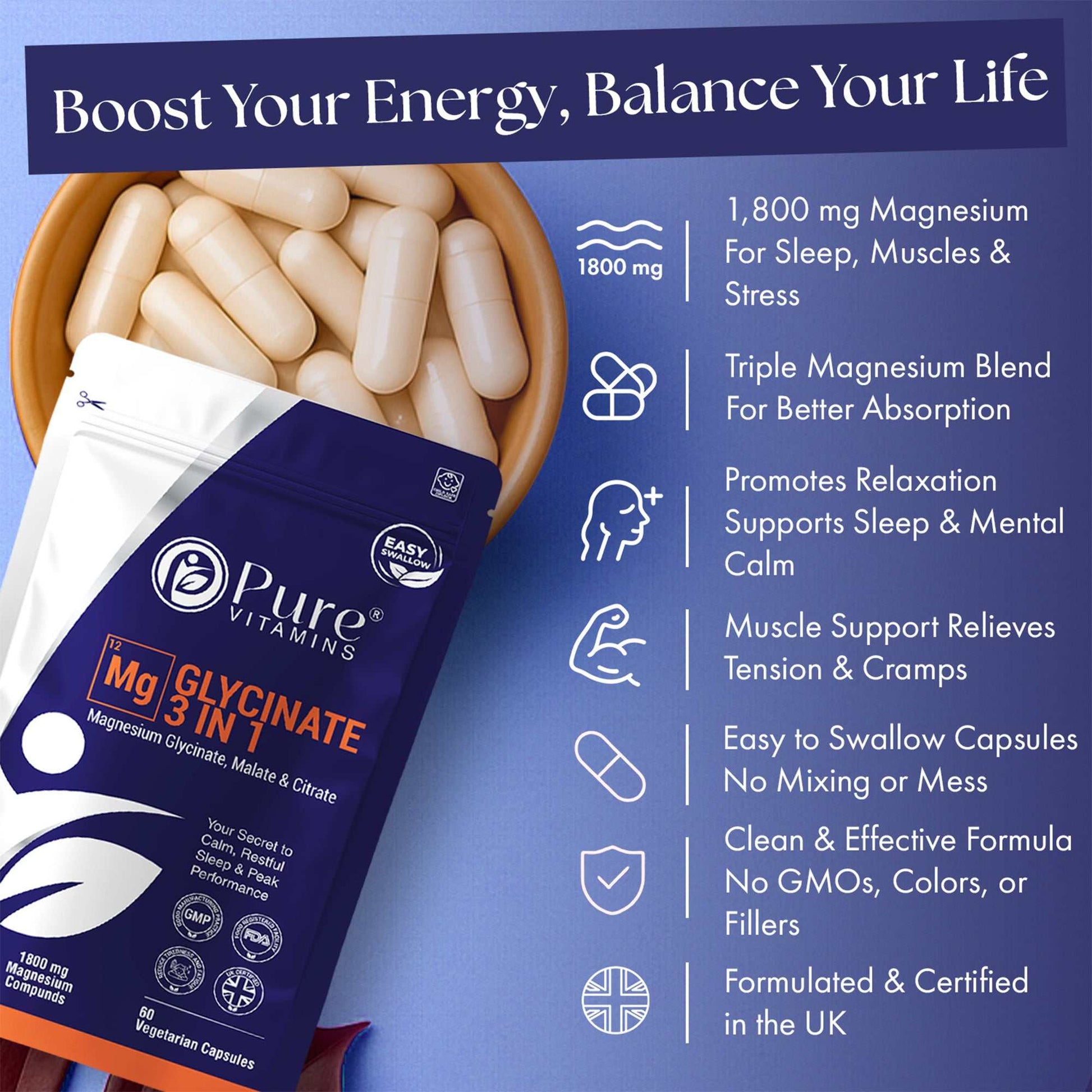 Pure Vitamins Magnesium Glycinate 3-in-1 supplement capsules — triple magnesium blend, easy swallow capsules, clean formula, UK certified
