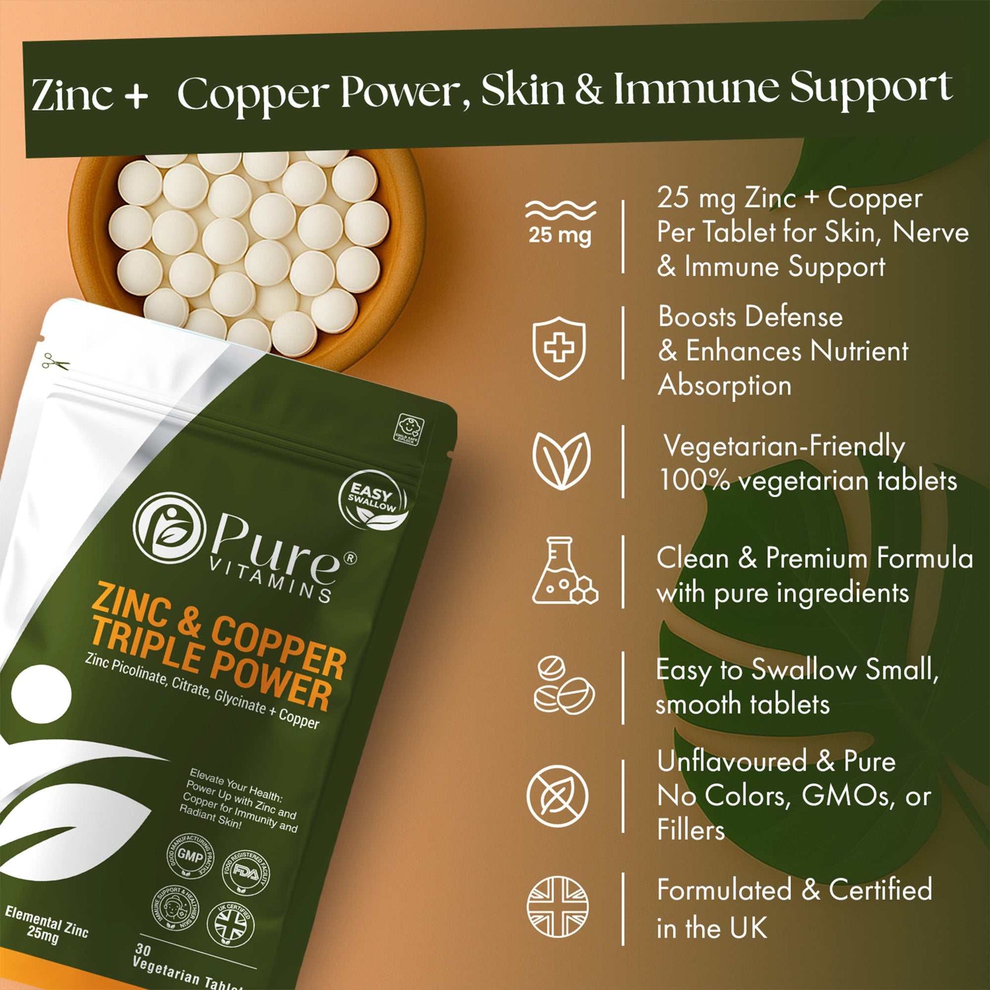 Zinc and Copper Supplement benefits showing immune support, nutrient absorption, vegetarian friendly formula, clean ingredients, easy to swallow tablets