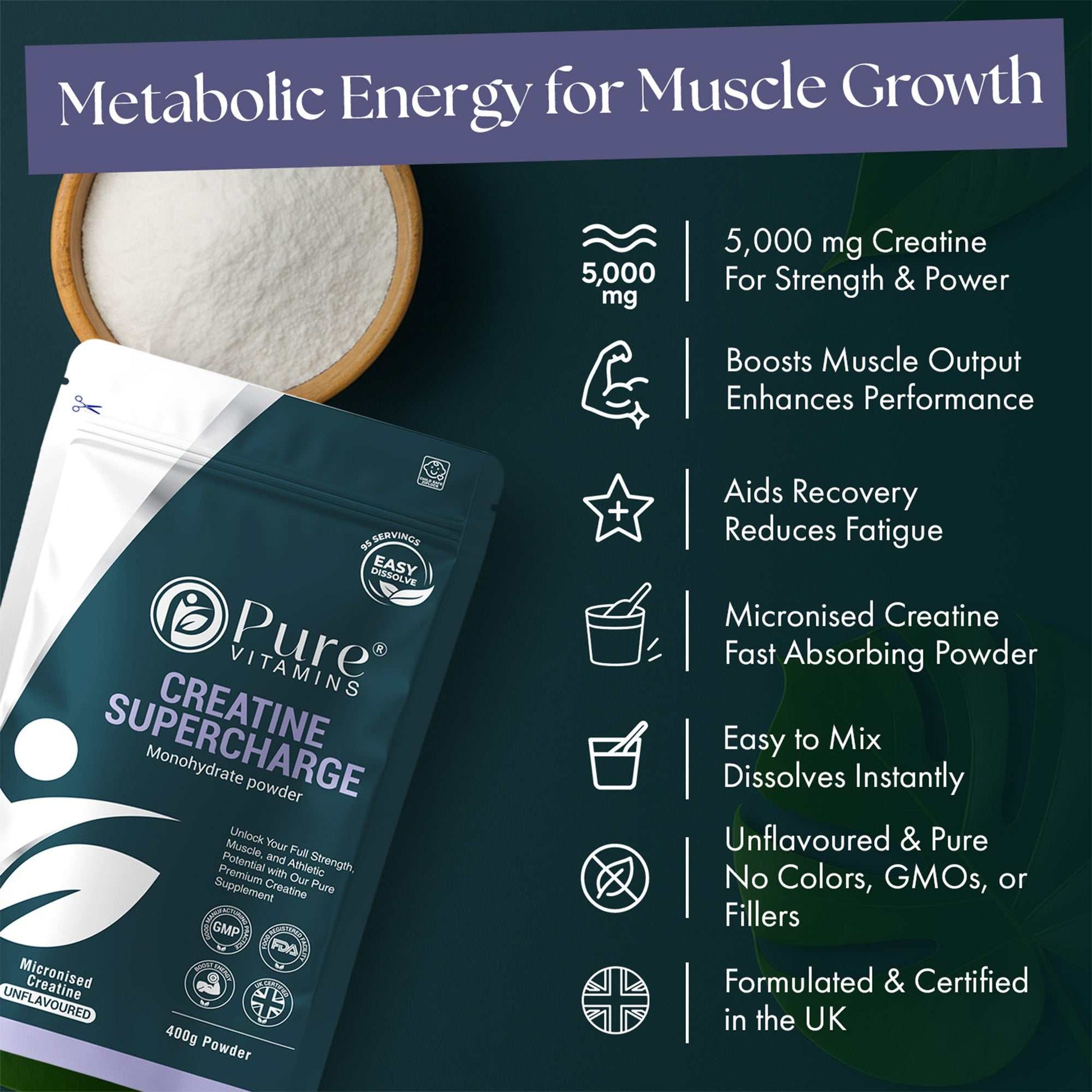 Micronised Creatine Monohydrate powder by Pure Vitamins for muscle strength, power, recovery, fast absorption, unflavoured and GMP certified.