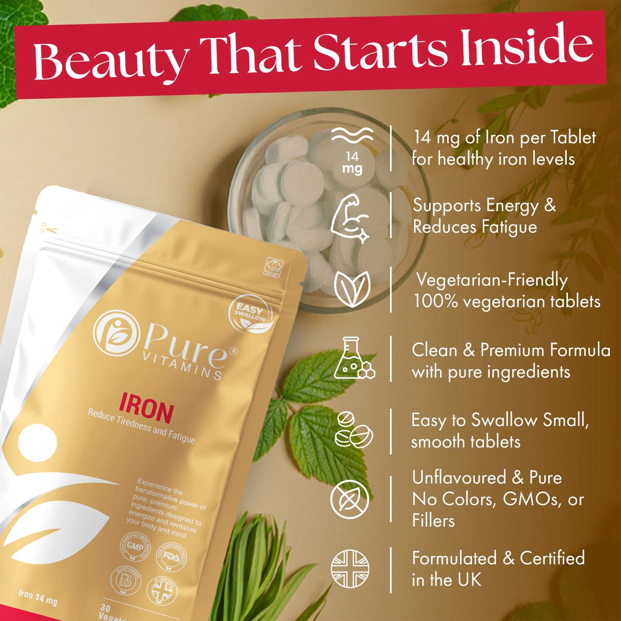 High Absorption Iron tablets by Pure Vitamins with 14 mg iron, energy support, vegetarian-friendly, clean formula, easy-to-swallow, UK certified