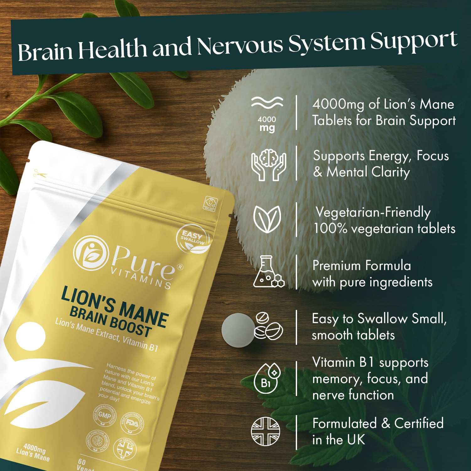 Pure Vitamins Lion’s Mane Tablets cognitive support supplement with 4000 mg equivalent extract, Vitamin B1, and Black Pepper, GMP & SGS certified