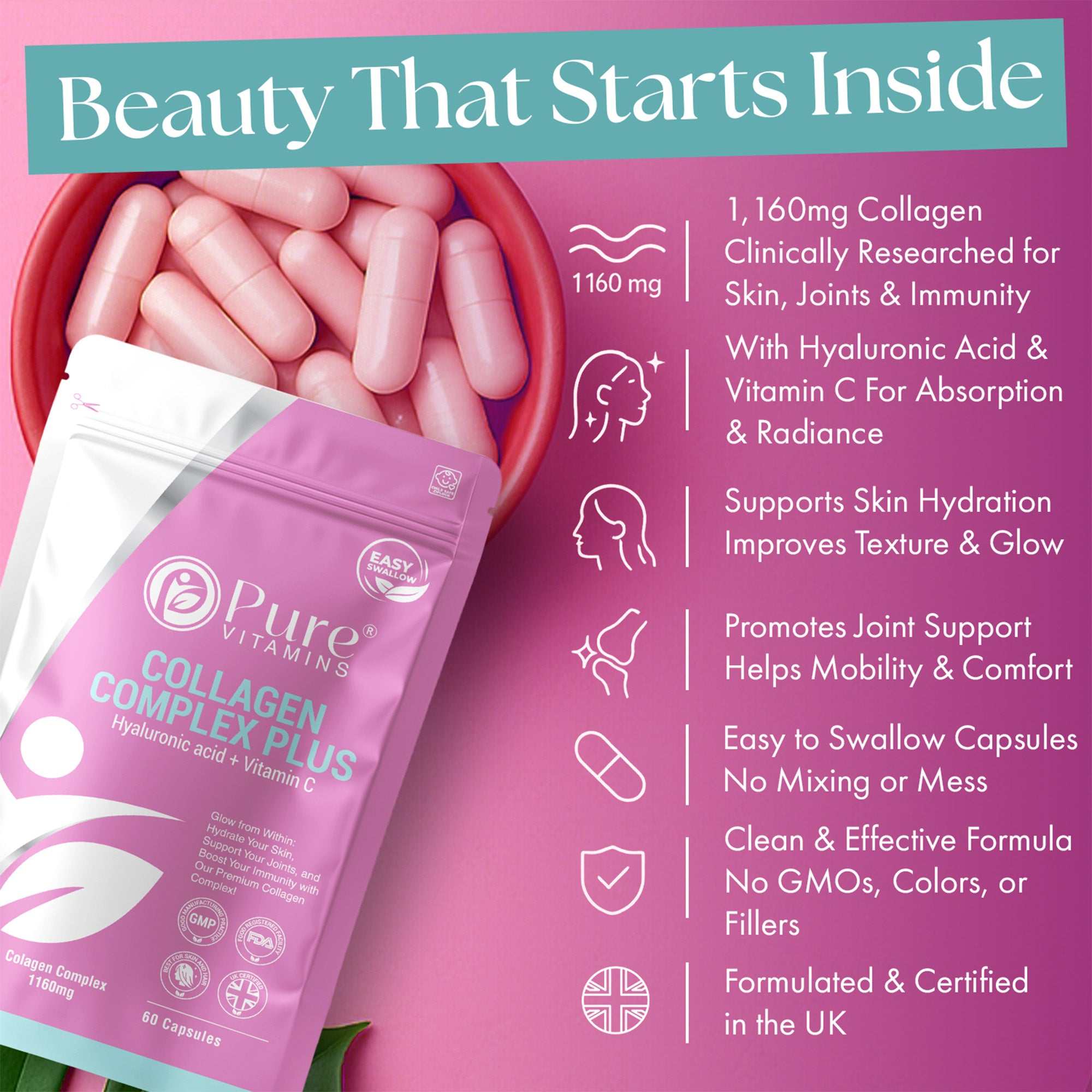 Nutritional table for Collagen Complex Plus showing hydrolysed bovine collagen, vitamin C and hyaluronic acid amounts with allergen-free icons on a pink layout