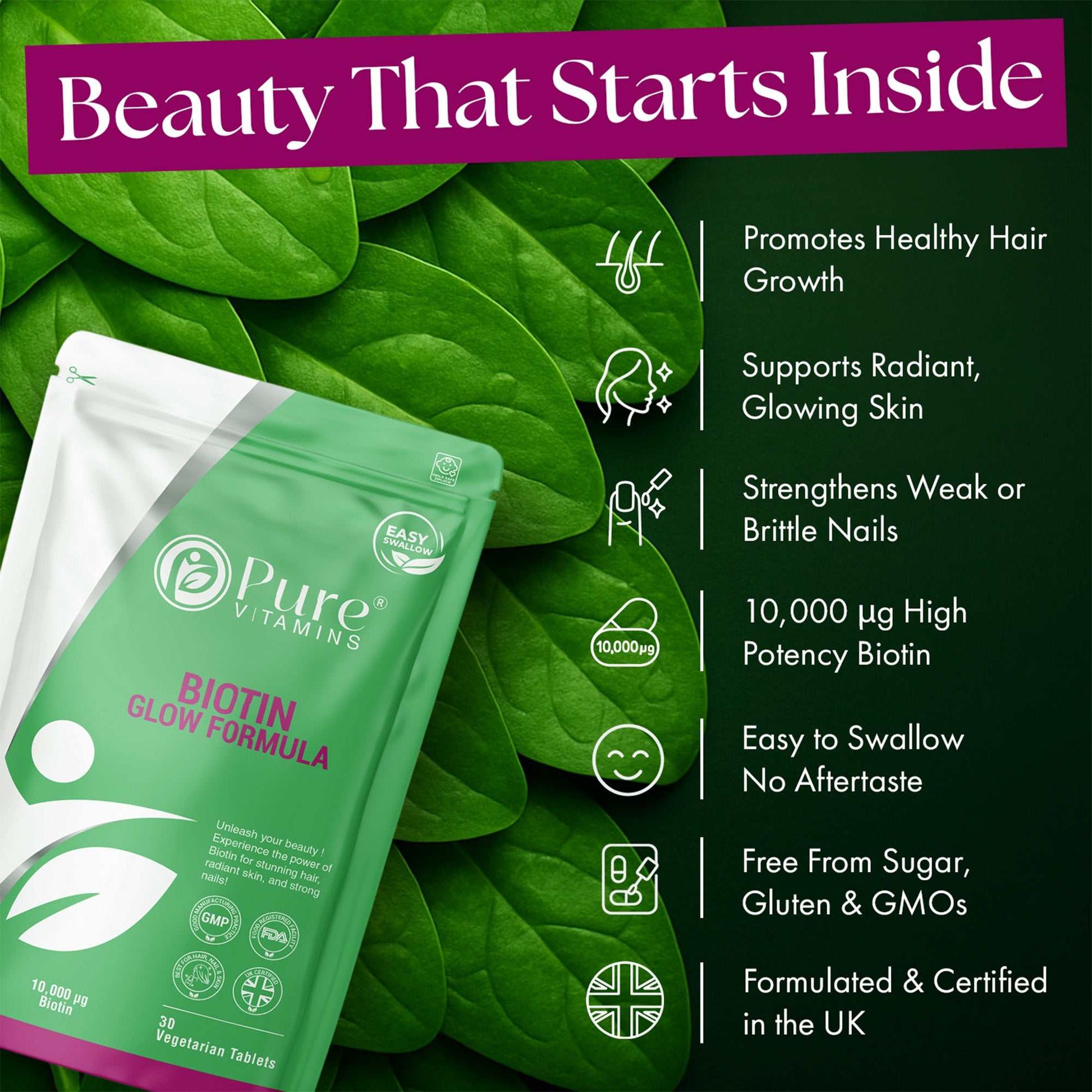 Biotin Glow Formula supplement pouch lying on spinach leaves with key benefits for hair, skin, and nails, highlighting high potency biotin and UK certification.