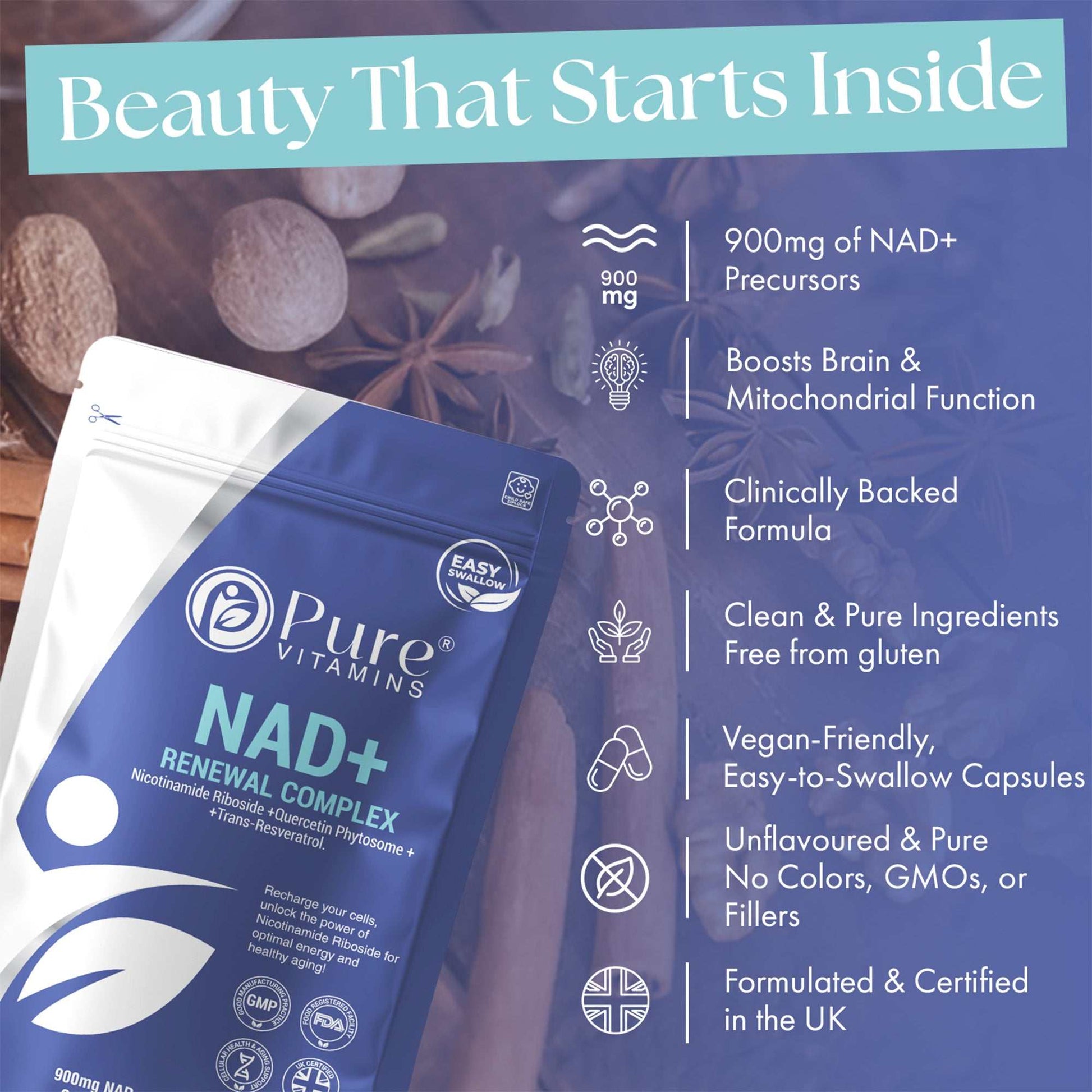 Pure Vitamins NAD+ Supplement Renewal Complex with 900mg NAD+ precursors (nicotinamide riboside, quercetin phytosome, trans-resveratrol)