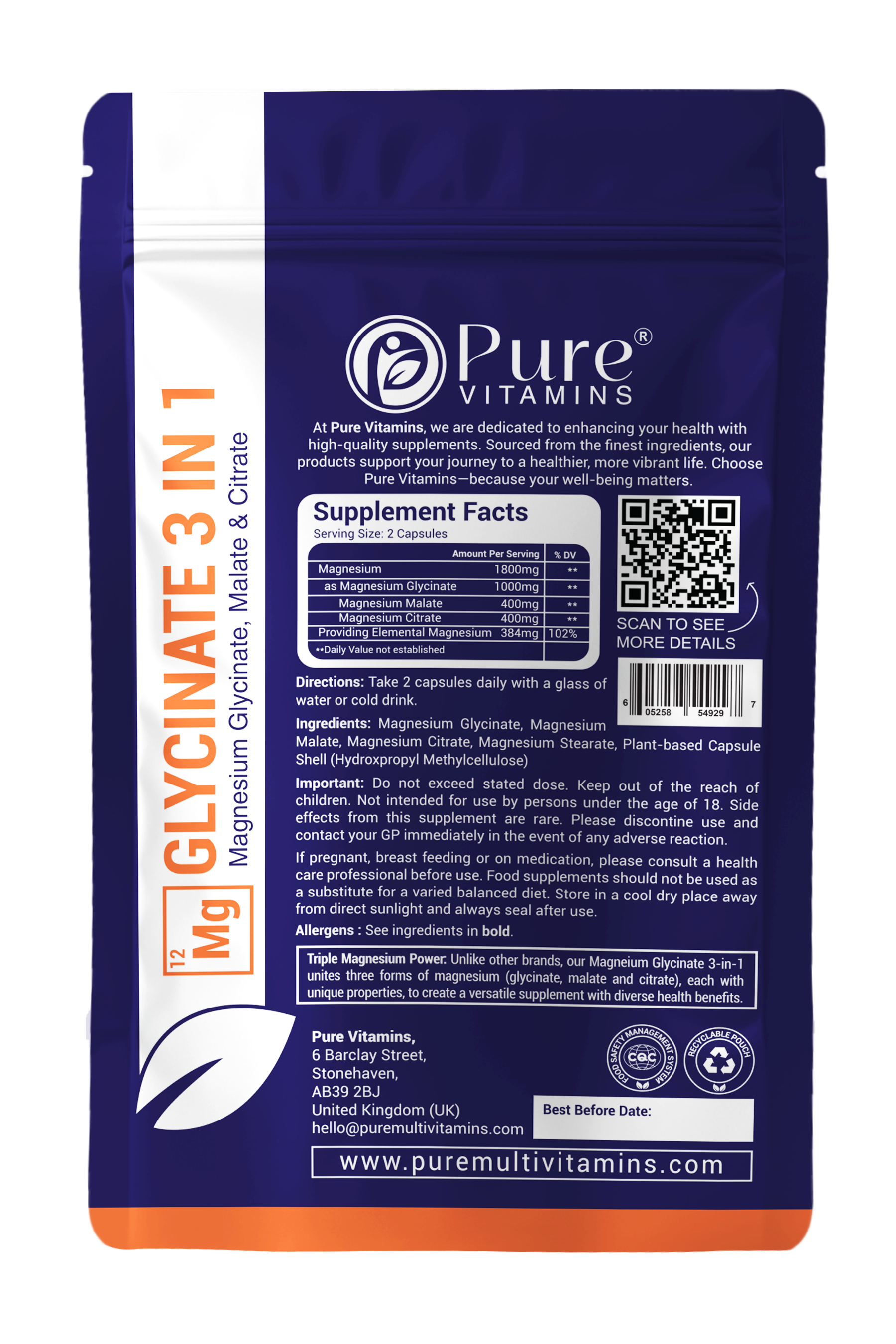 Pure Vitamins Magnesium Glycinate 3-in-1 Complex
