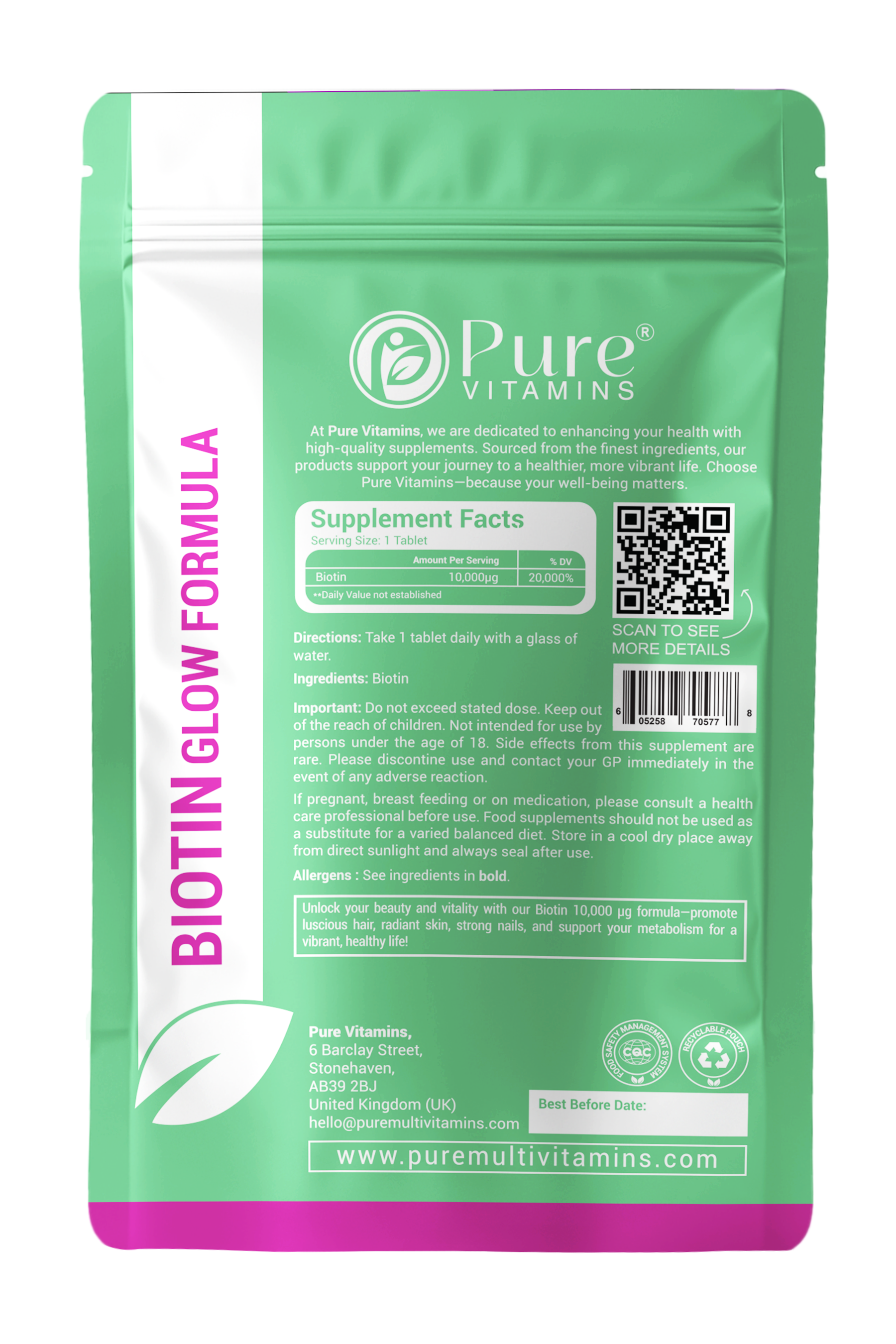 Biotin Glow Formula by Pure Vitamins supplement with 10,000 µg biotin, zinc, selenium for hair, skin, and nail support in green resealable packaging