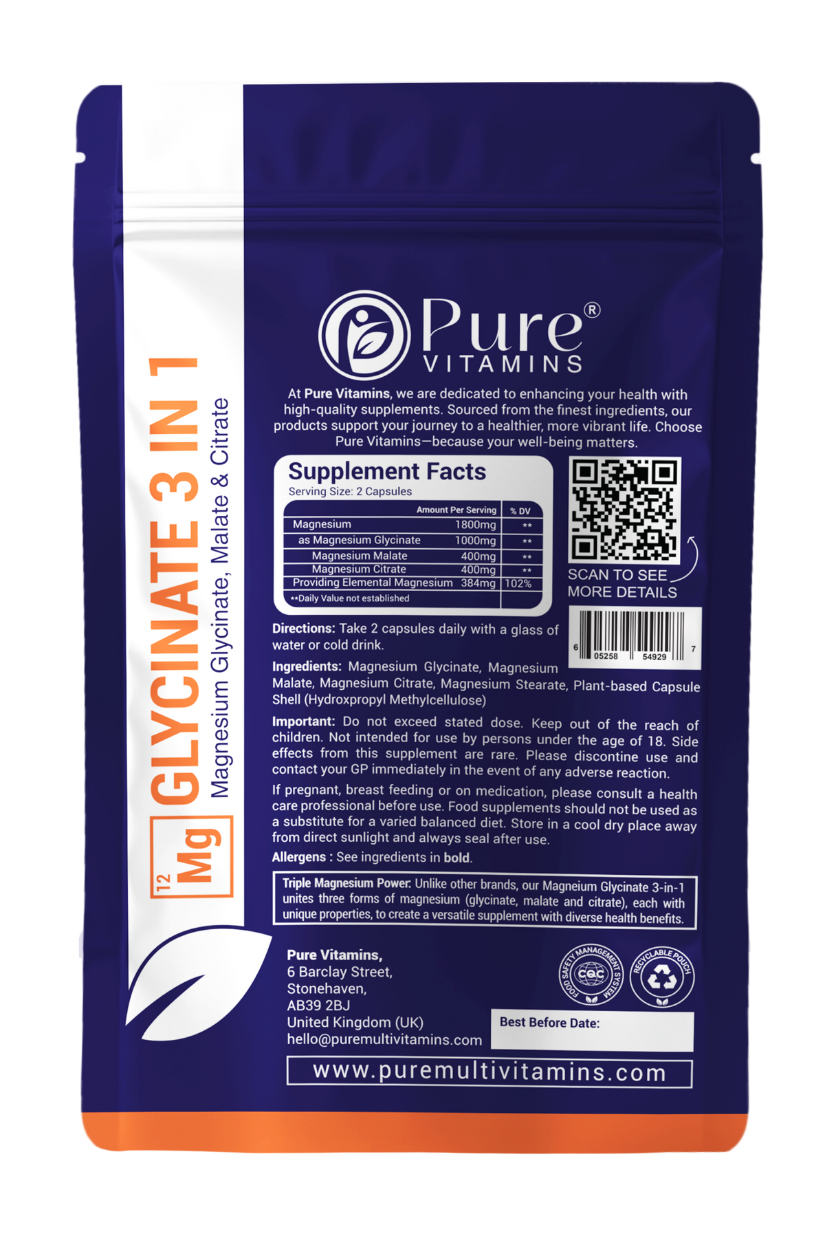 Supplement facts panel for the Magnesium Glycinate 3-in-1 pouch in the Pure Vitamins Daily Foundation Duo