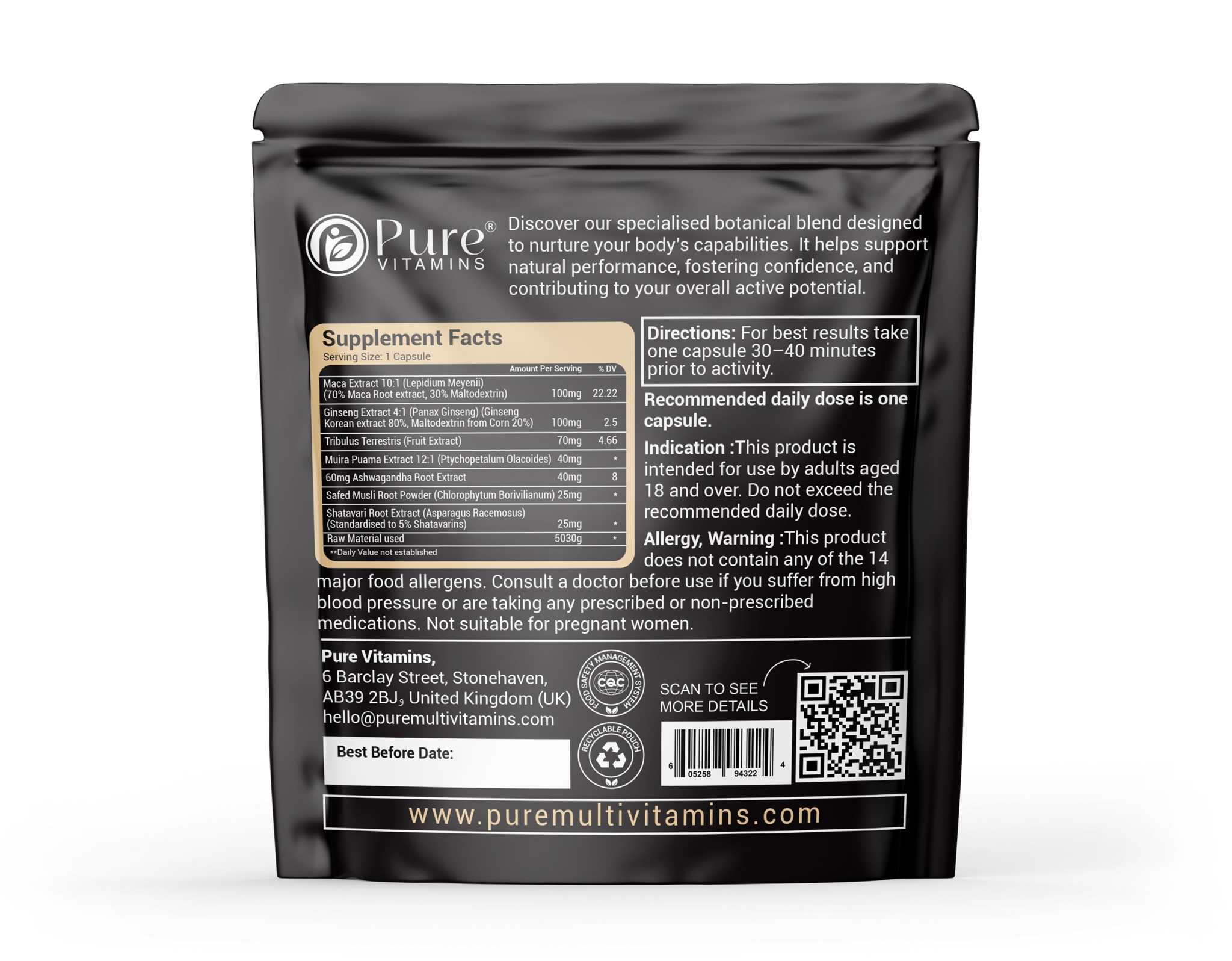 MANS PRIME GOLD back label showing botanical performance blend, supplement facts, dosage instructions and Pure Vitamins UK quality certifications