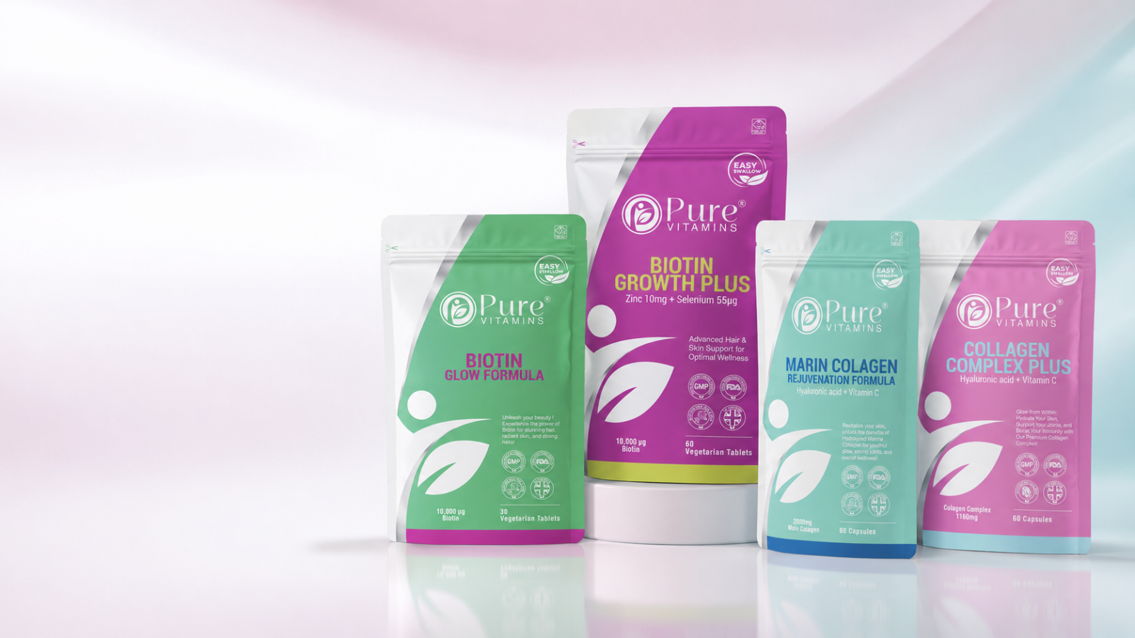 Hair Skin and Nails Bundle with Biotin Zinc Selenium Marine and Bovine Collagen supplements from Pure Vitamins UK