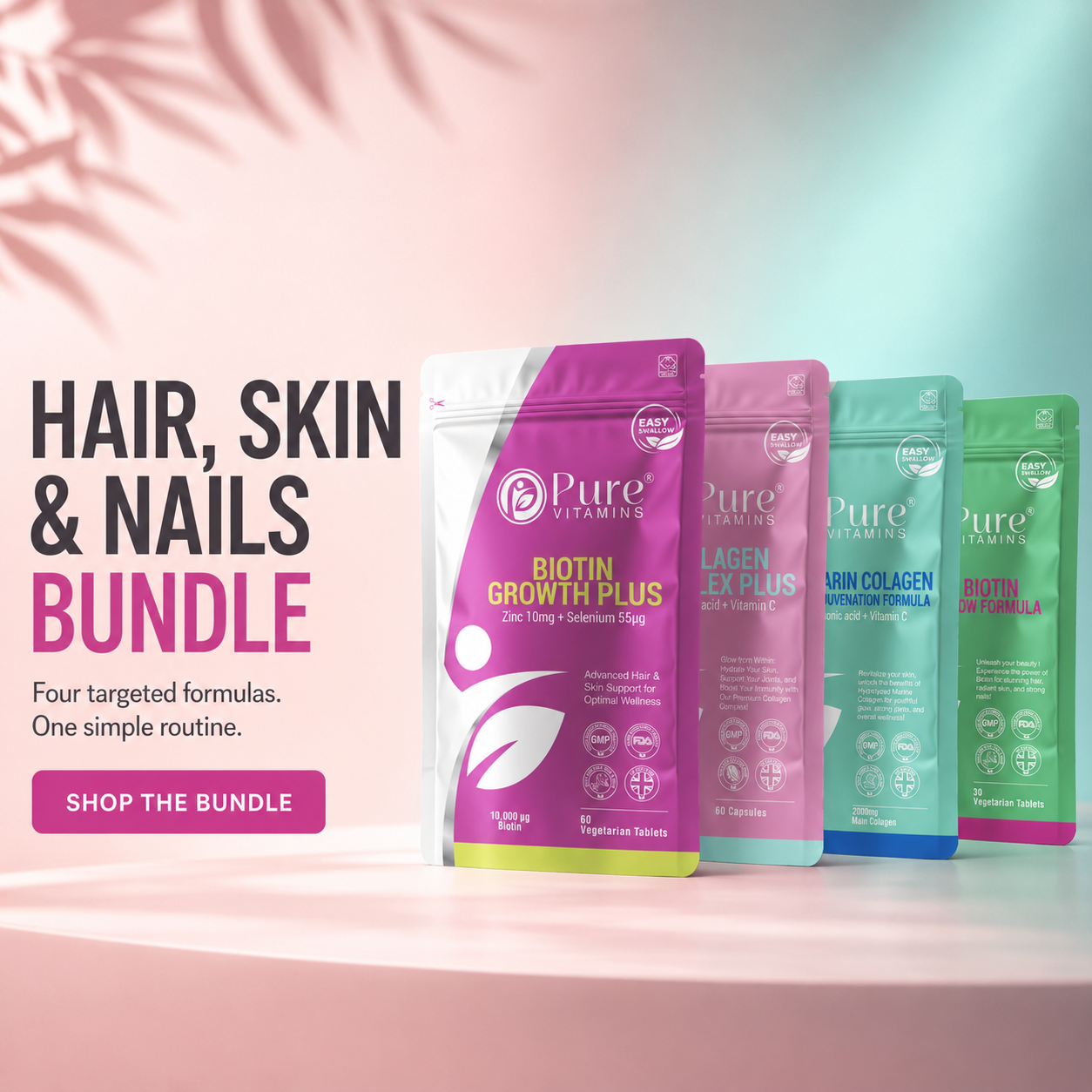 Hair Skin and Nails Bundle with Biotin Zinc Selenium Marine and Bovine Collagen supplements from Pure Vitamins UK