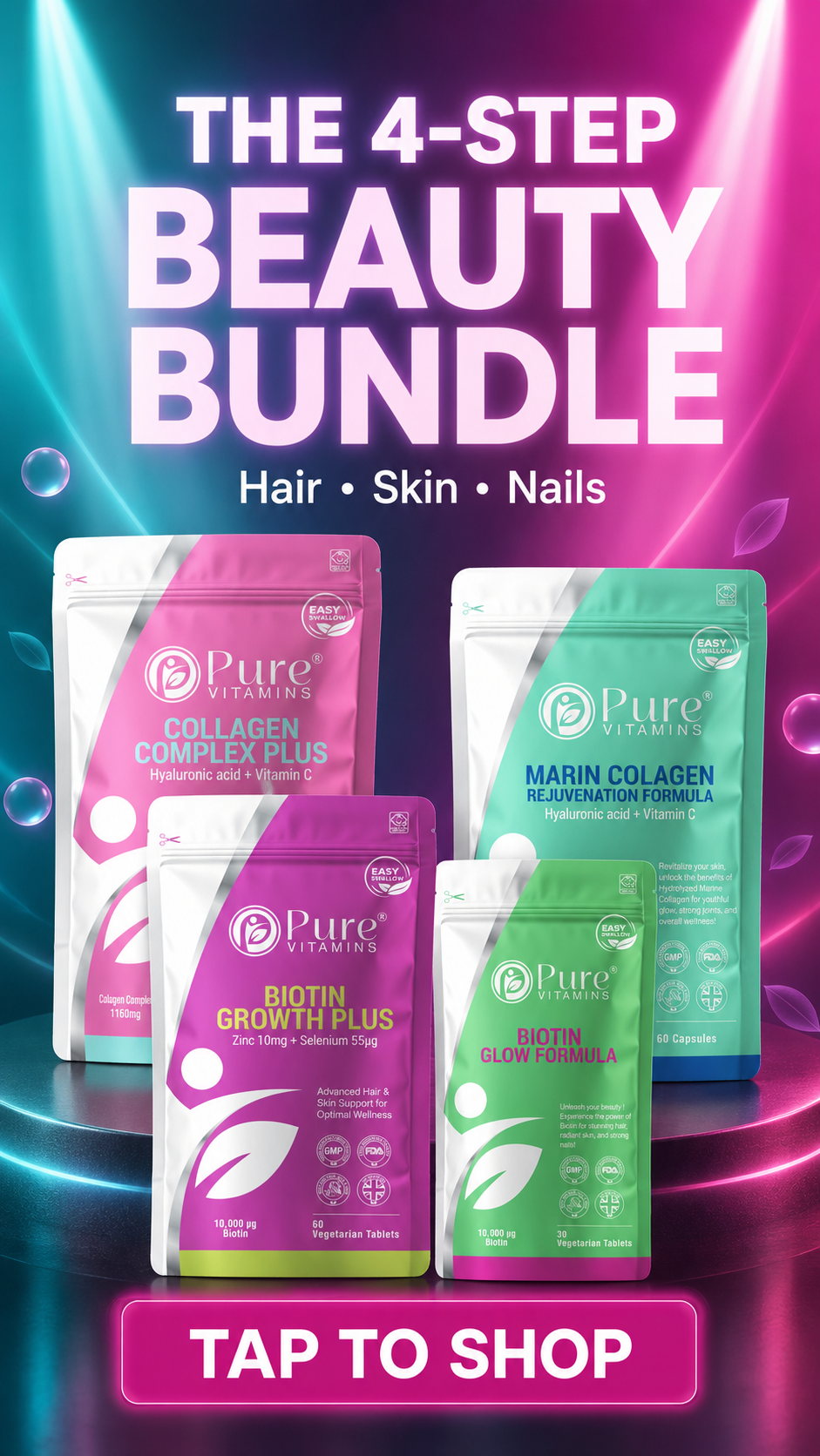 Hair Skin & Nails Bundle with Biotin Zinc Selenium Marine and Bovine Collagen supplements from Pure Vitamins UK