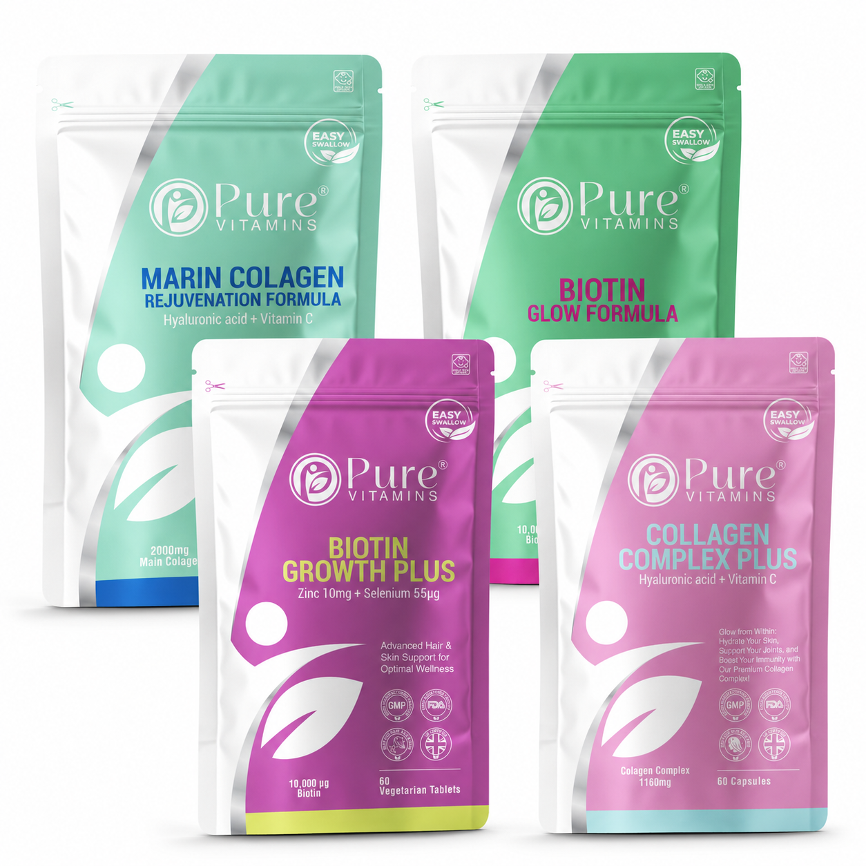 Hair Skin and Nails Bundle with Biotin Zinc Selenium Marine and Bovine Collagen capsules and powder from Pure Vitamins UK