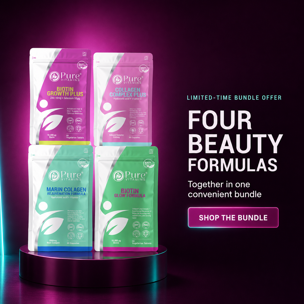 Hair Skin and Nails Bundle with Biotin Zinc Selenium Marine and Bovine Collagen supplements from Pure Vitamins UK
