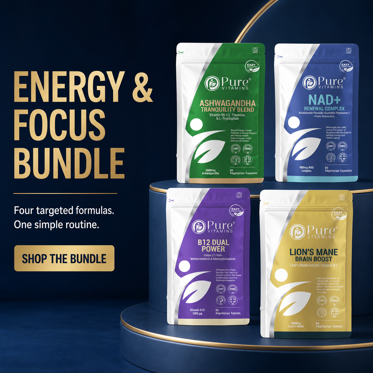 Energy & Focus Bundle featuring Lion's Mane, Ashwagandha, NAD+, and Vitamin B12 supplements by Pure Vitamins UK