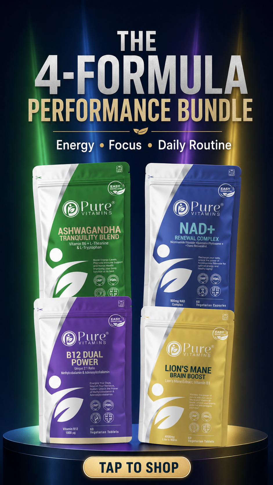 Energy & Focus Bundle with Lion's Mane, Ashwagandha, NAD+, and Vitamin B12 supplements for boosted energy and mental clarity