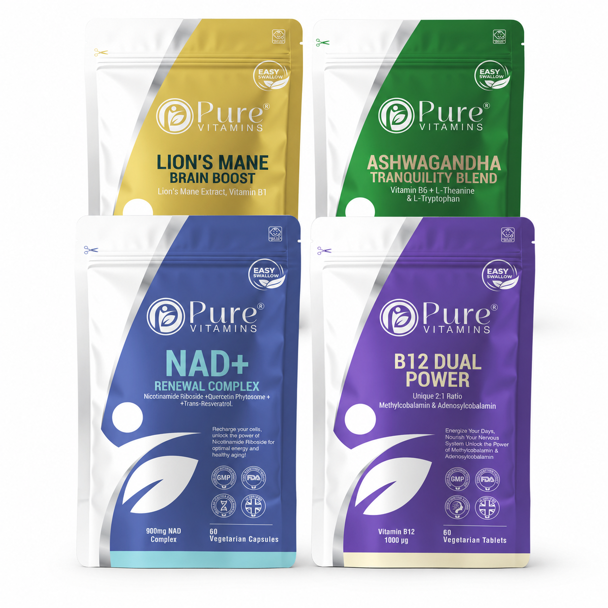 Pure Vitamins UK Energy & Focus Bundle with Lion's Mane, Ashwagandha, NAD+, and B12 supplements