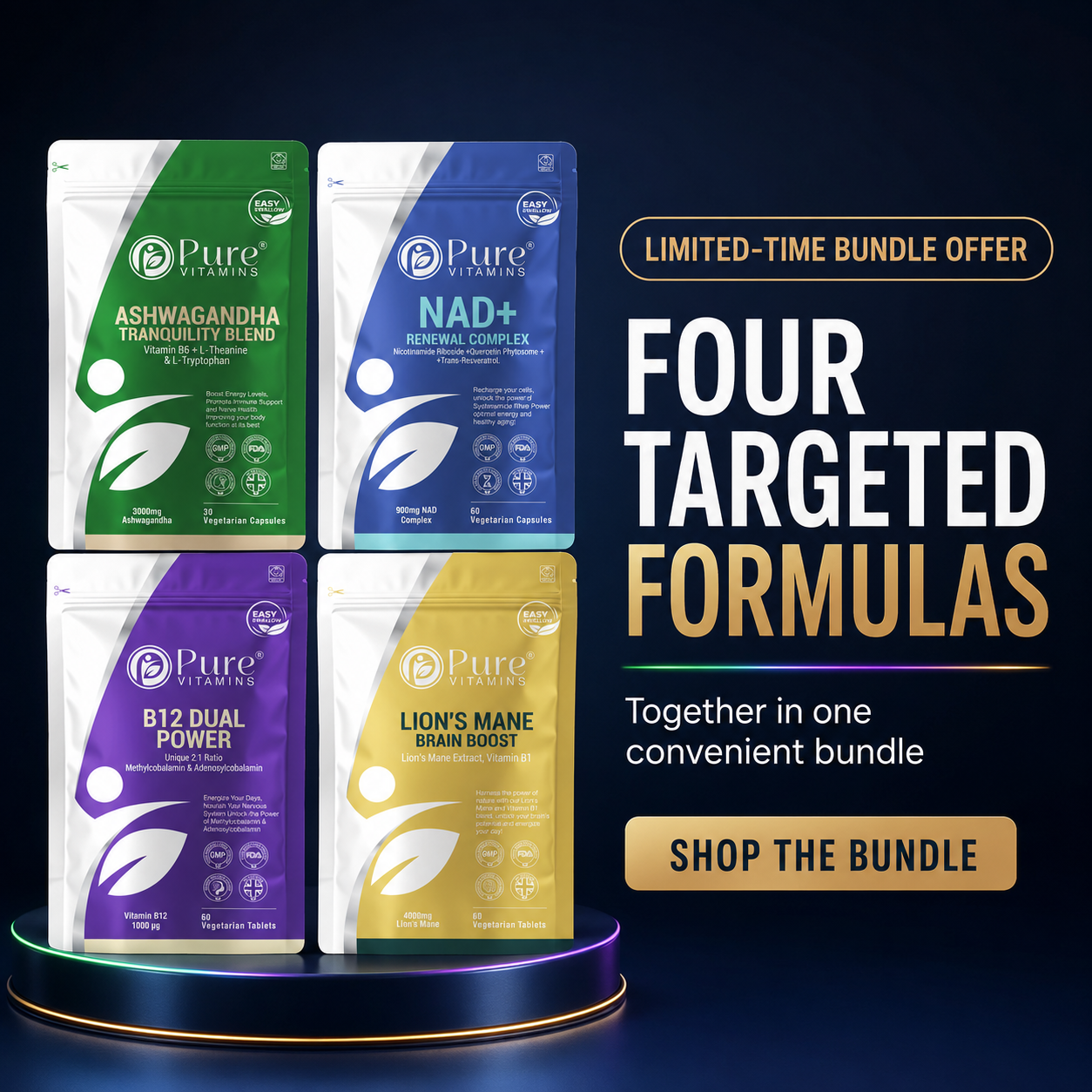 Energy & Focus Bundle supplement pack with Lion's Mane, Ashwagandha, NAD+, and Vitamin B12 bottles from Pure Vitamins UK