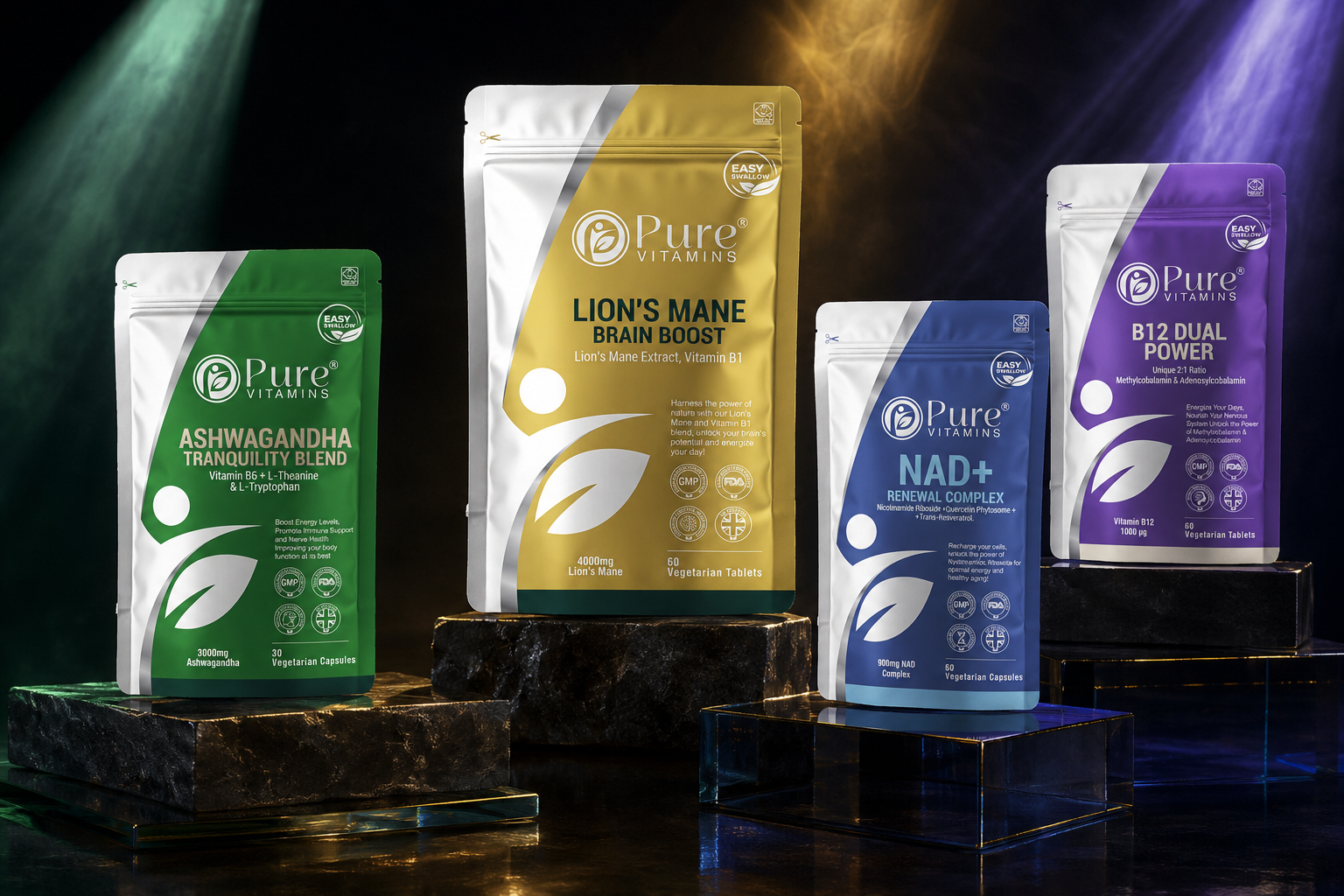 Energy & Focus Bundle supplement pack with Lion's Mane, Ashwagandha, NAD+, and Vitamin B12 bottles from Pure Vitamins UK