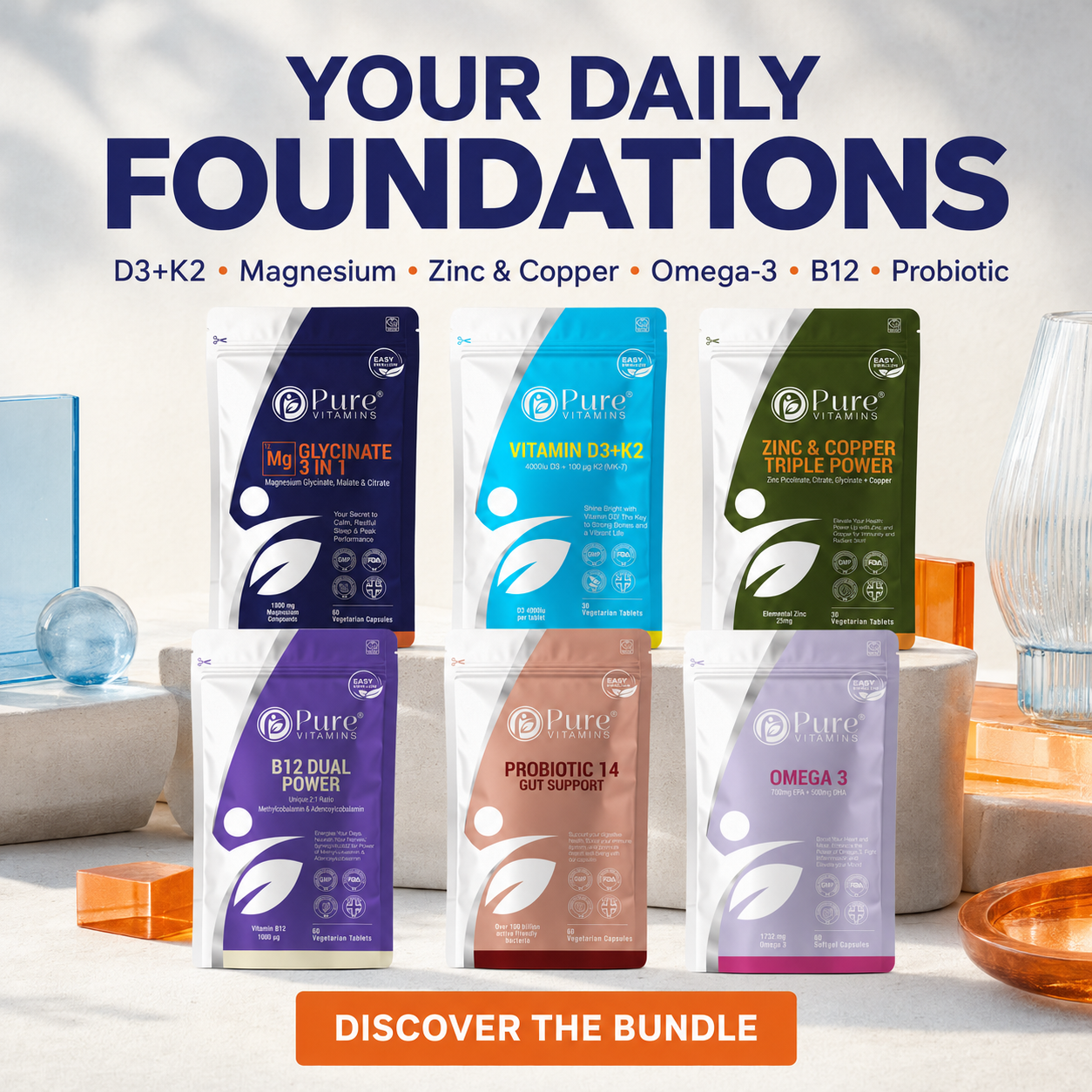 Complete Daily Bundle six essential supplements pack by Pure Vitamins UK with vitamins D3, K2, magnesium, zinc, copper, omega-3, B12, and probiotic