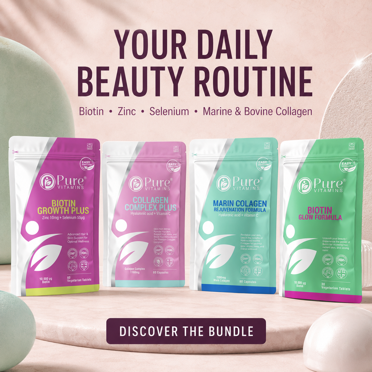 Hair Skin Nails Bundle vitamins with biotin zinc selenium marine and bovine collagen capsules and powder from Pure Vitamins UK