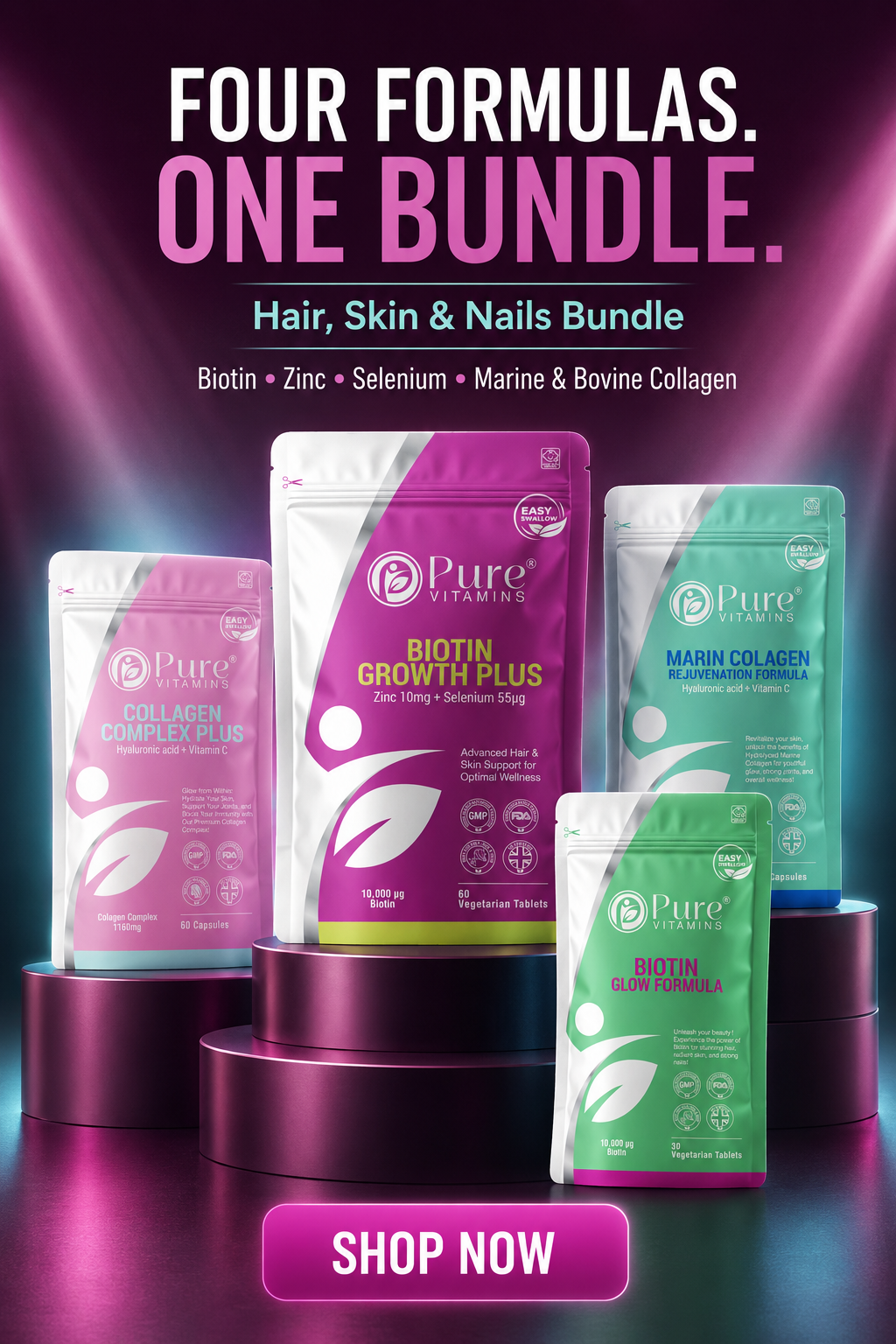 Hair Skin & Nails Bundle with Biotin Zinc Selenium Marine and Bovine Collagen supplements from Pure Vitamins UK
